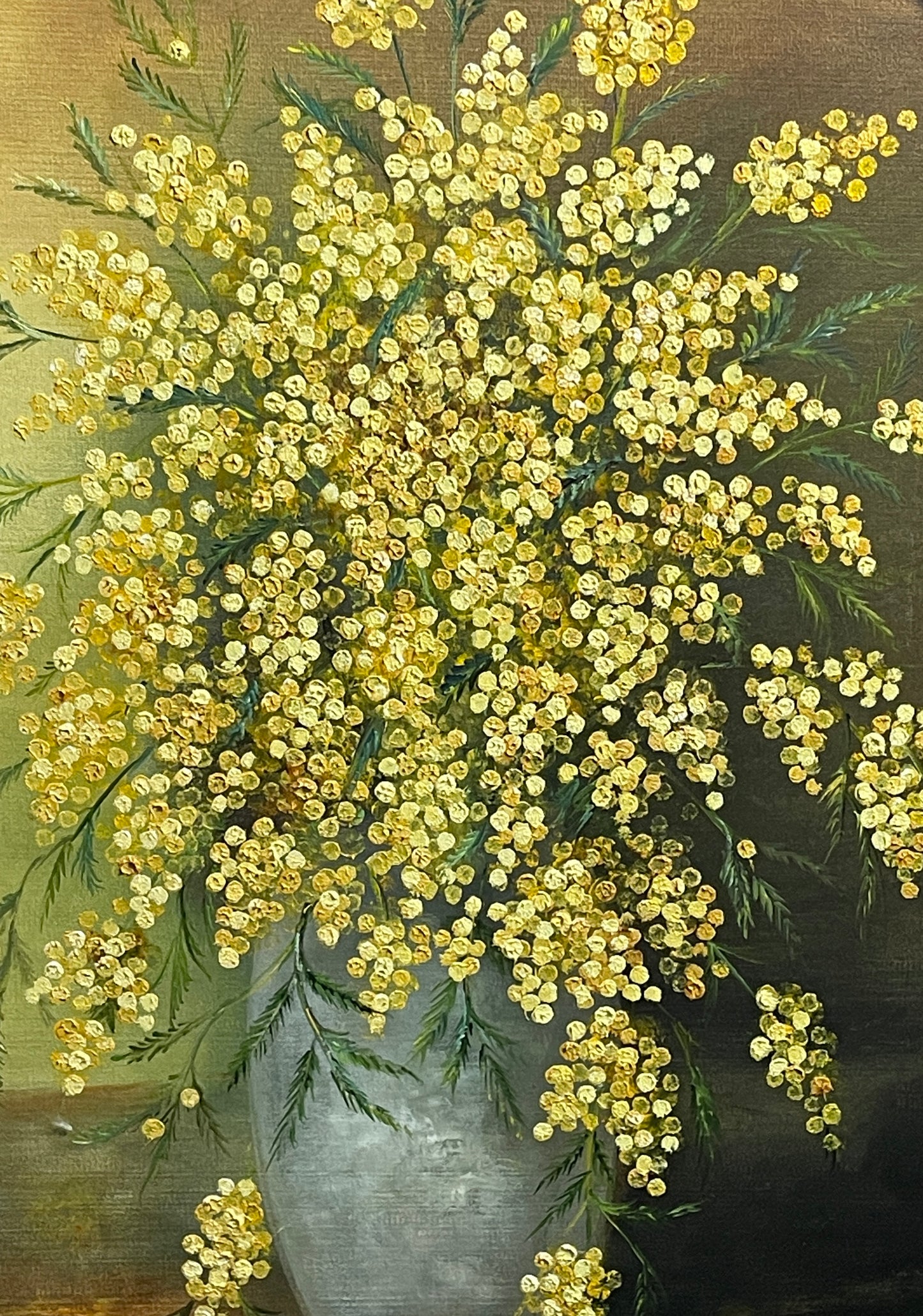 Dipinto olio su tavola, Vaso di Mimose, Luraschi, XX secolo