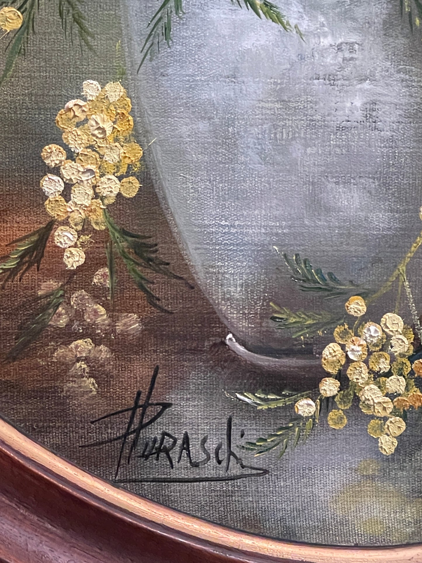 Dipinto olio su tavola, Vaso di Mimose, Luraschi, XX secolo