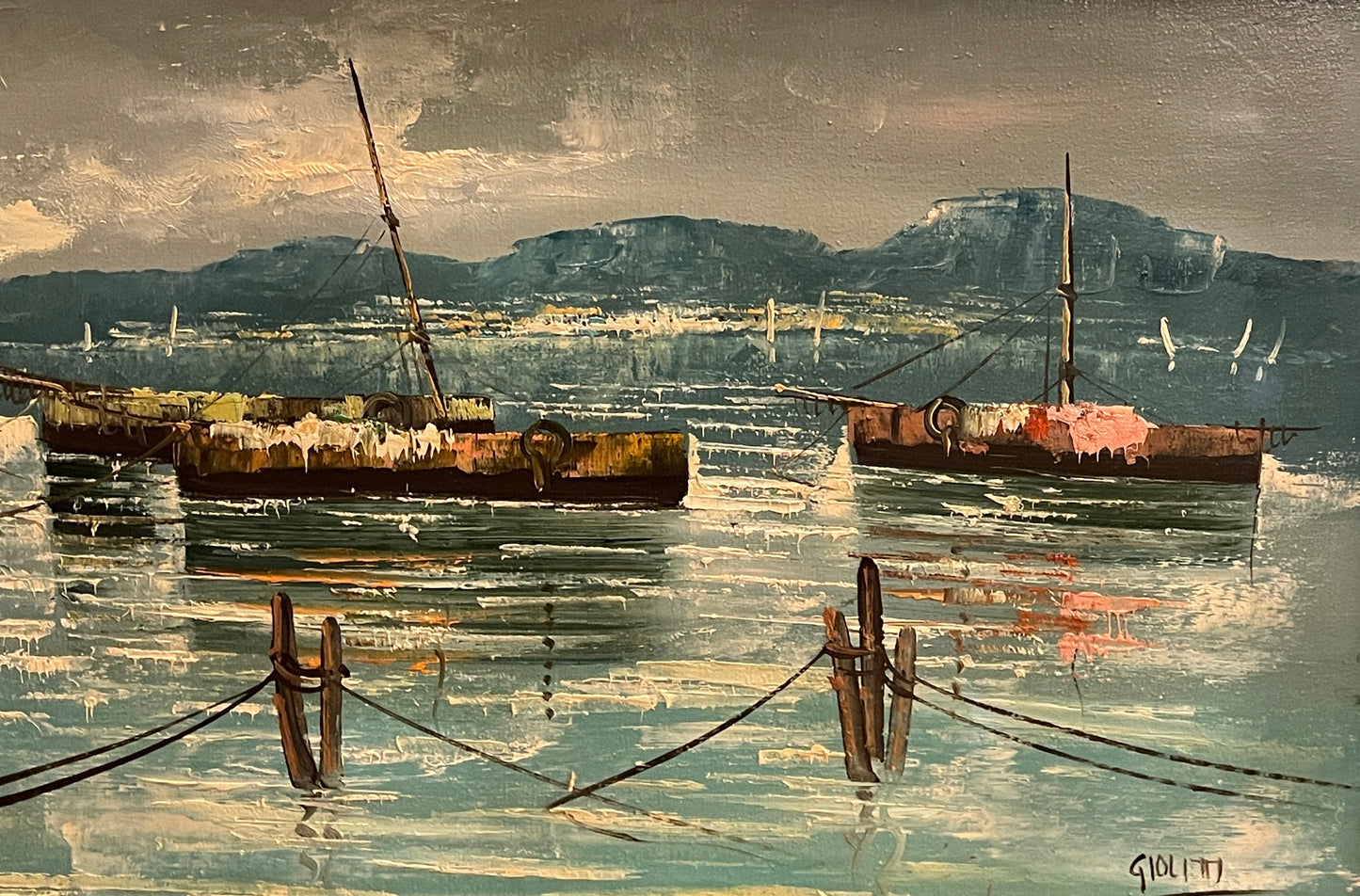 Dipinto olio su tela, marina, barche ormeggiate, XX secolo, Giolitti