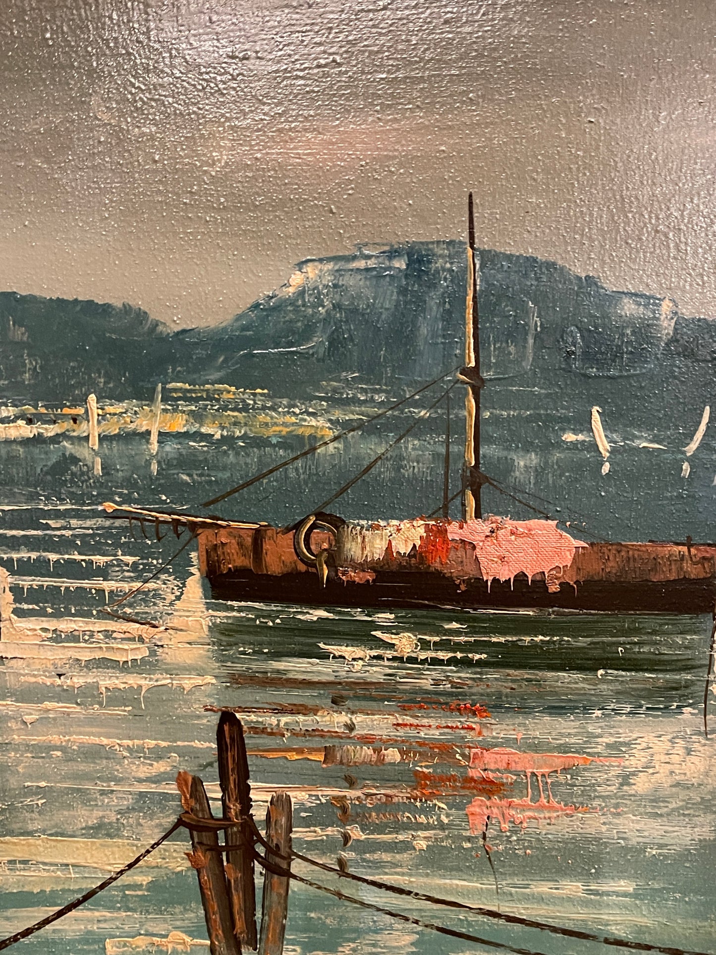 Dipinto olio su tela, marina, barche ormeggiate, XX secolo, Giolitti