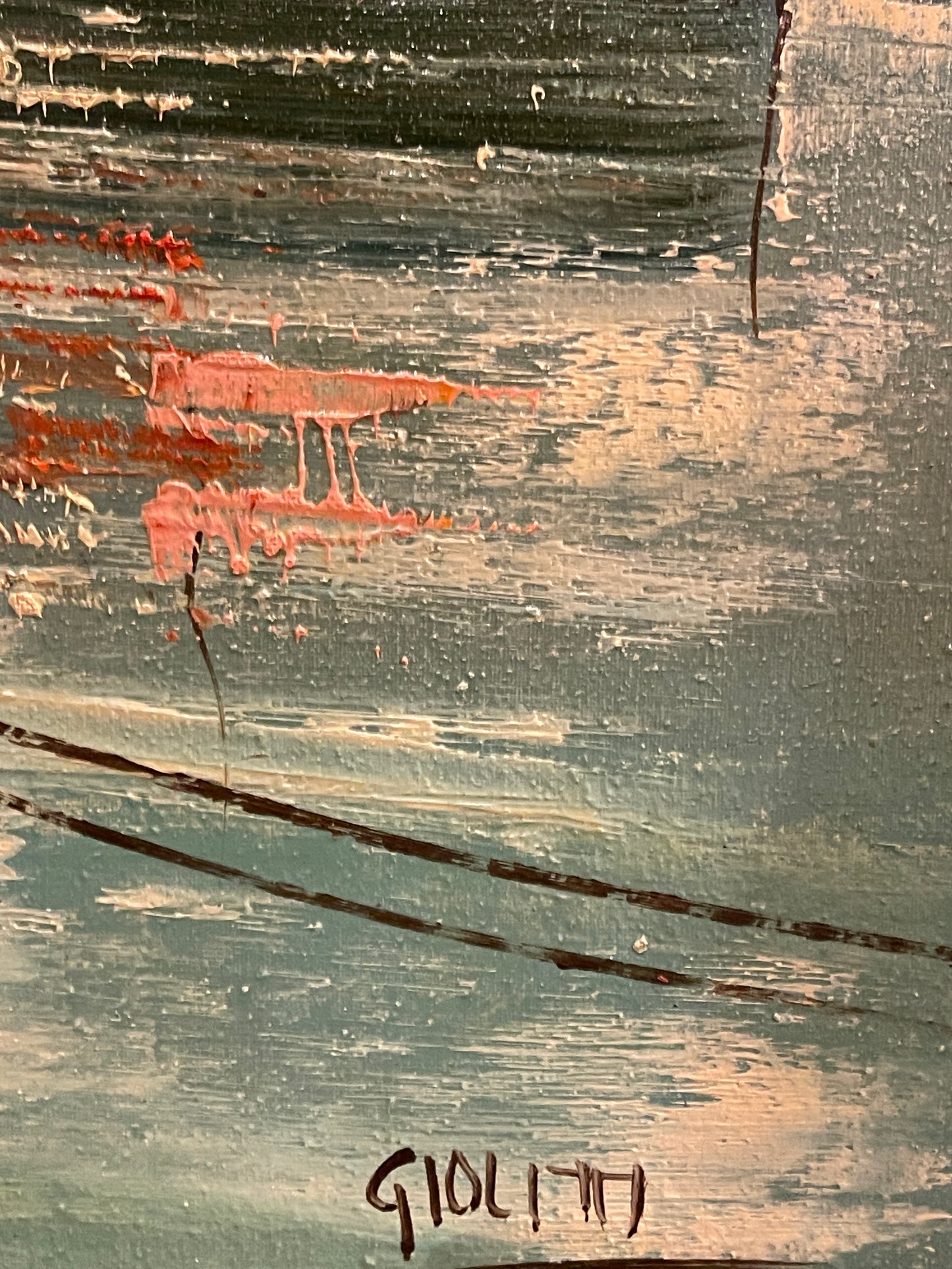Dipinto olio su tela, marina, barche ormeggiate, XX secolo, Giolitti