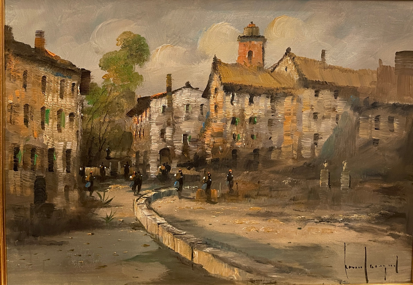 Dipinto olio su tela, scena di paese, L. Cargnel, XX secolo