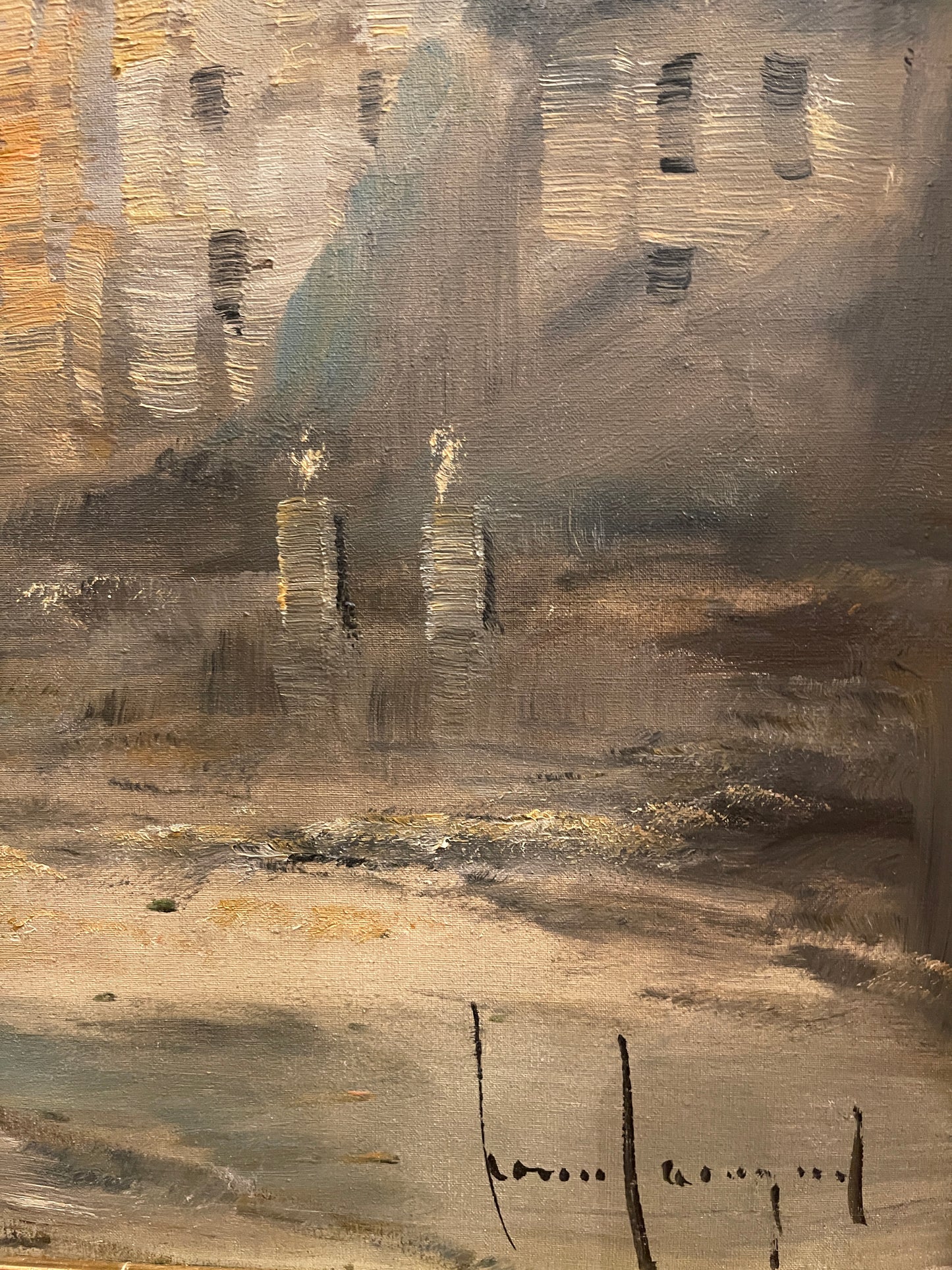 Dipinto olio su tela, scena di paese, L. Cargnel, XX secolo