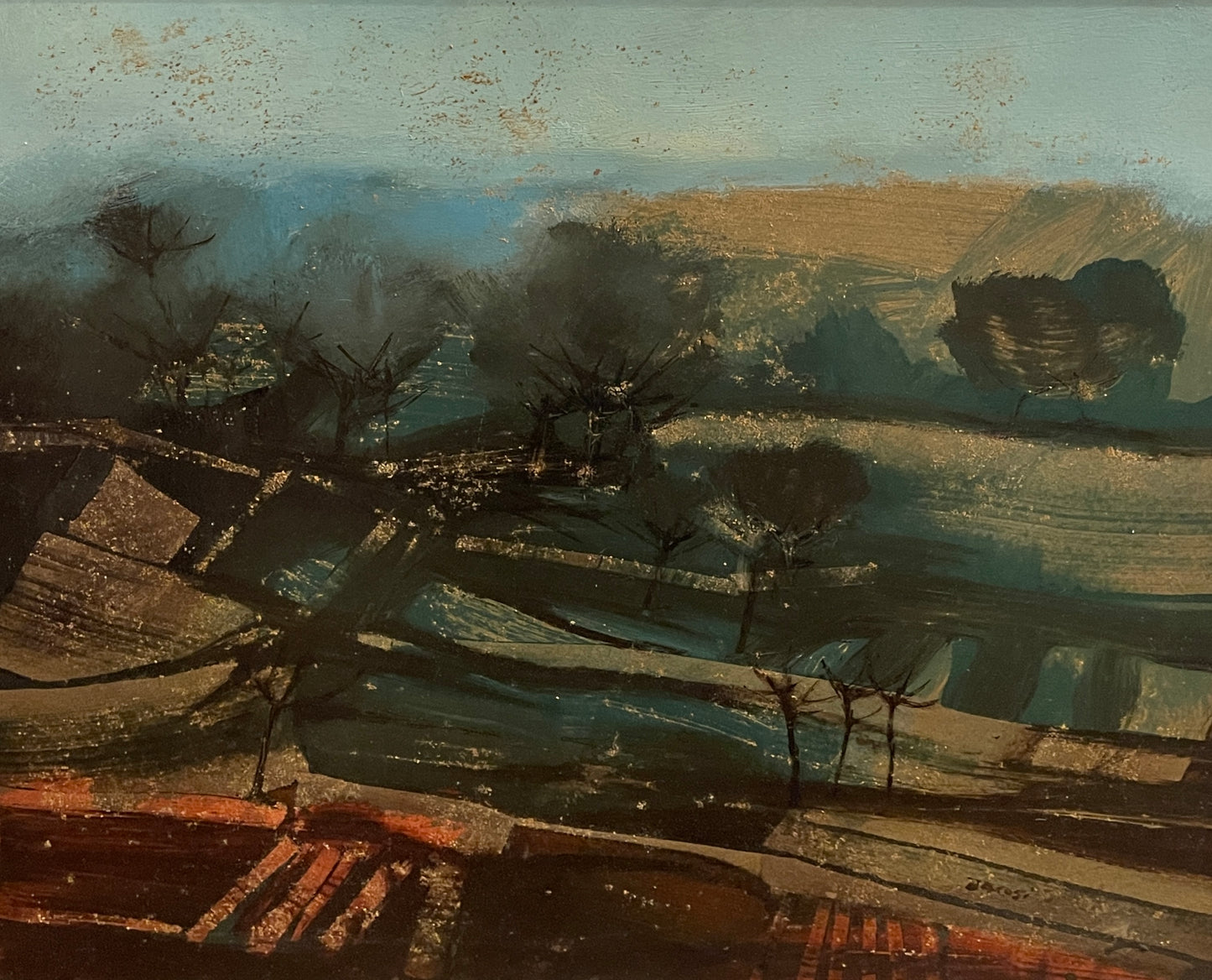 Dipinto olio su tavola, paesaggio, boscaglia, Bacosi, XX secolo