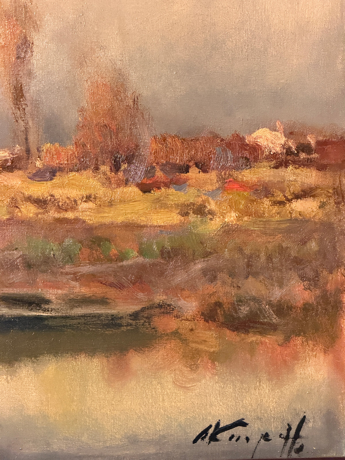 Dipinto olio su tela, paesaggio fluviale, XX secolo