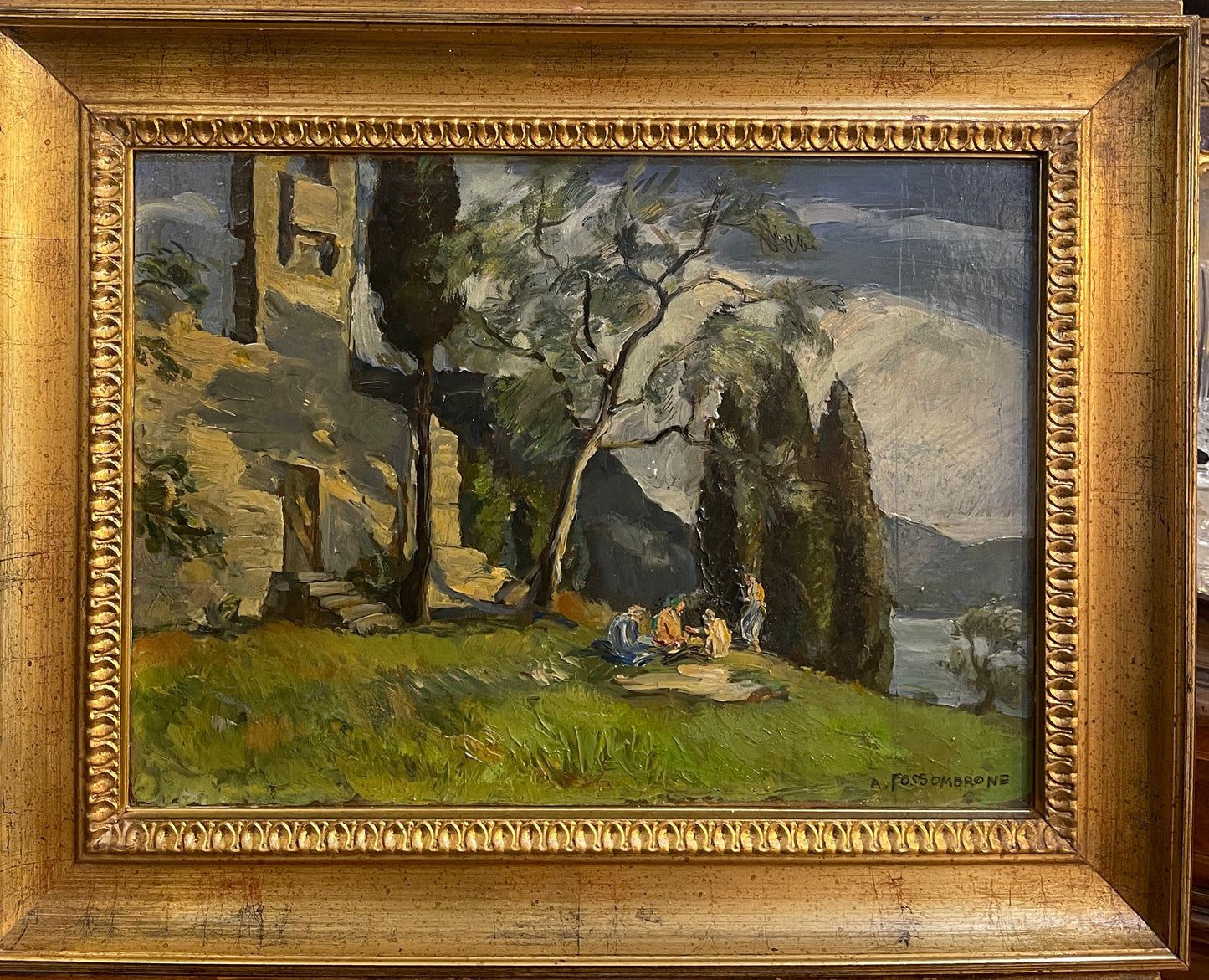 Dipinto olio su tavola, paesaggio con figure, XX secolo, Fossombrone