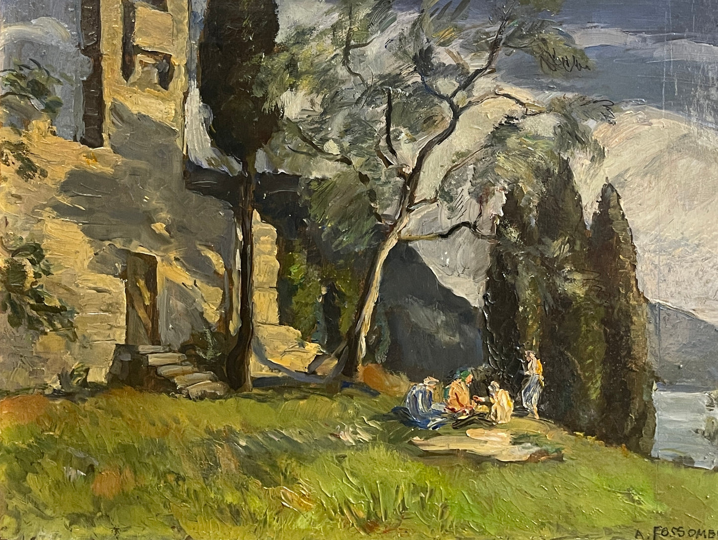 Dipinto olio su tavola, paesaggio con figure, XX secolo, Fossombrone