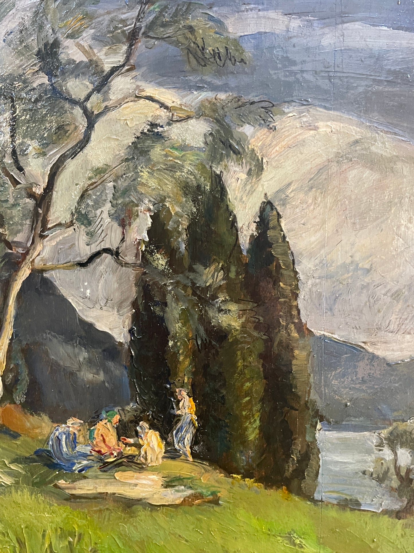 Dipinto olio su tavola, paesaggio con figure, XX secolo, Fossombrone