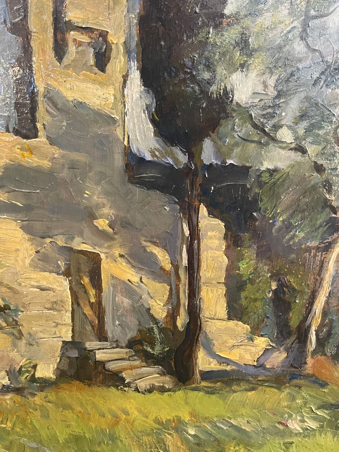 Dipinto olio su tavola, paesaggio con figure, XX secolo, Fossombrone