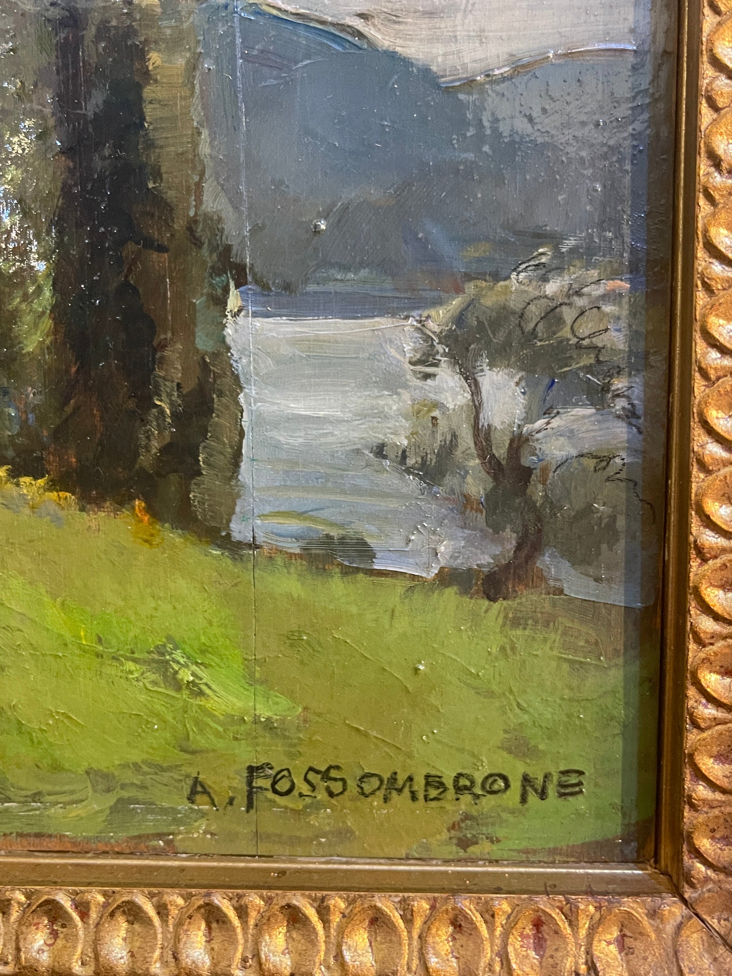 Dipinto olio su tavola, paesaggio con figure, XX secolo, Fossombrone