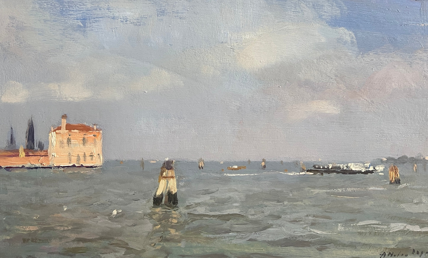 Dipinto olio su tavola, paesaggio, Venezia, Attilio Melo, 1980