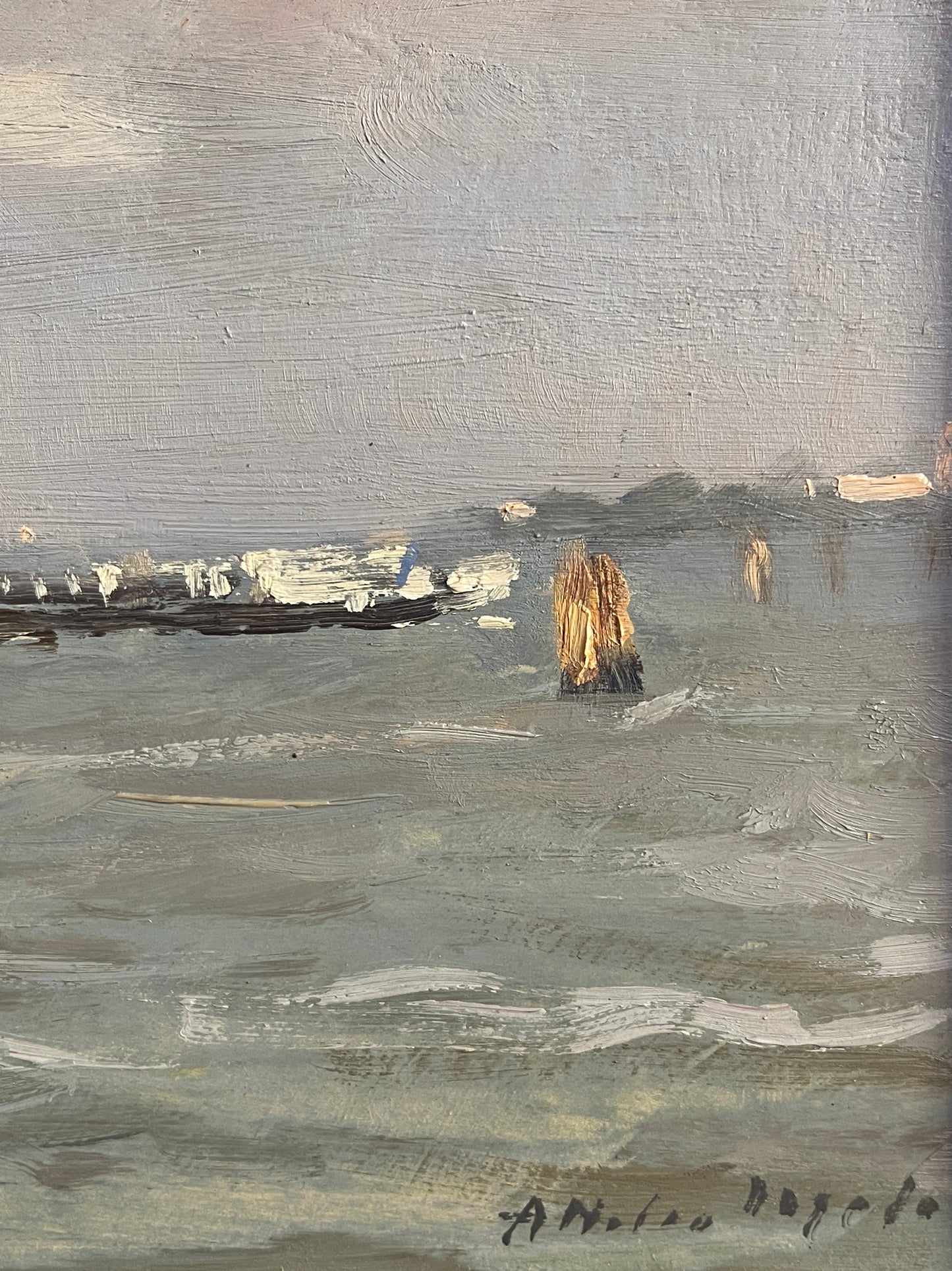 Dipinto olio su tavola, paesaggio, Venezia, Attilio Melo, 1980