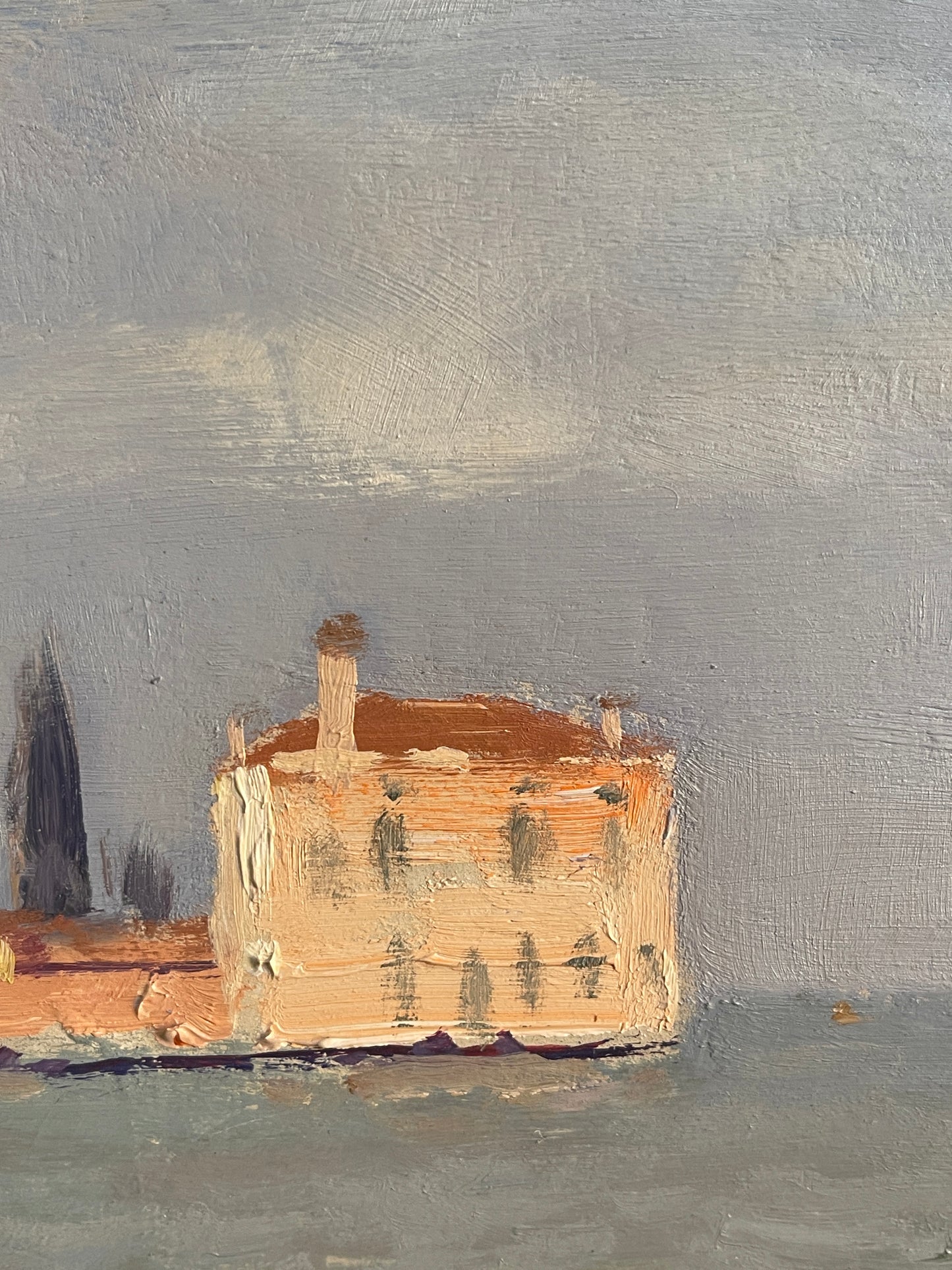 Dipinto olio su tavola, paesaggio, Venezia, Attilio Melo, 1980
