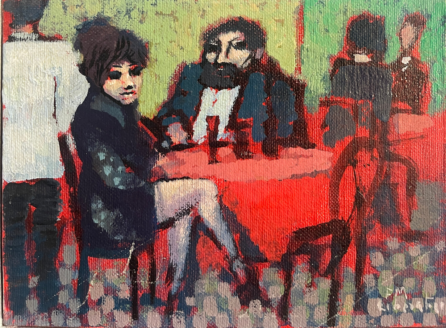 Dipinto olio su tavola, figure in un bar, Liberatore, XX secolo