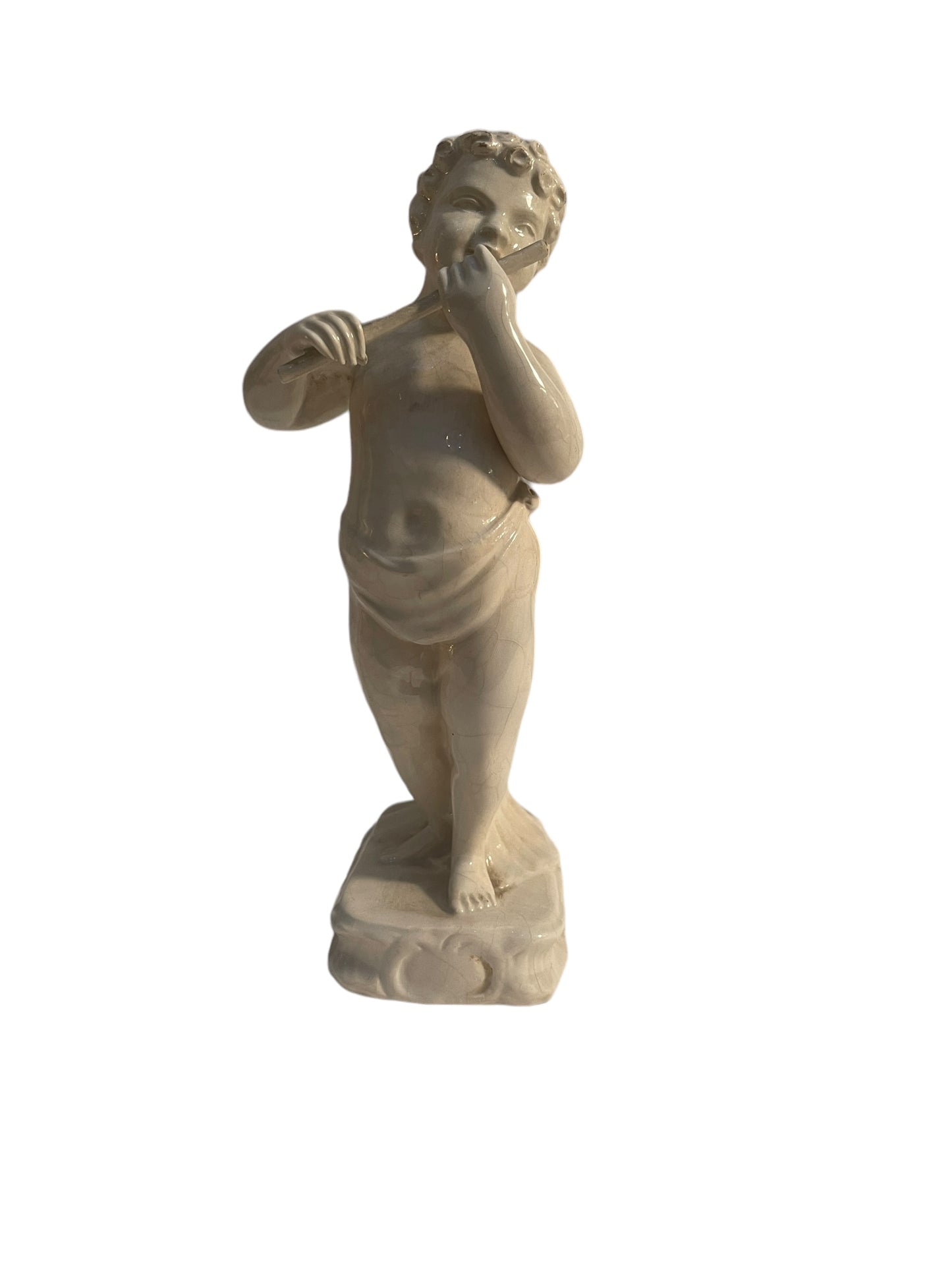 Statuina in ceramica bianca, fanciullo che suona, XX secolo