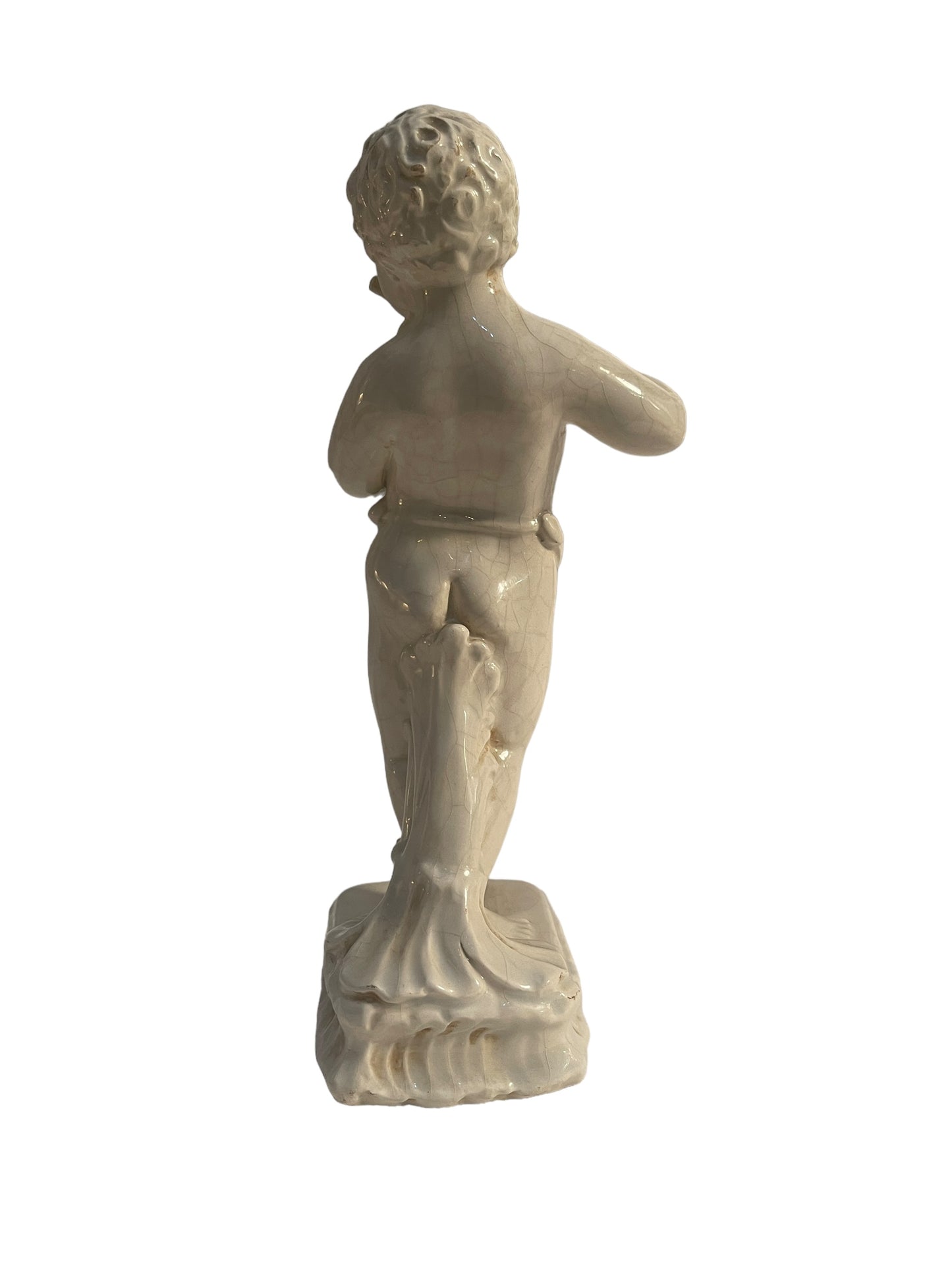 Statuina in ceramica bianca, fanciullo che suona, XX secolo