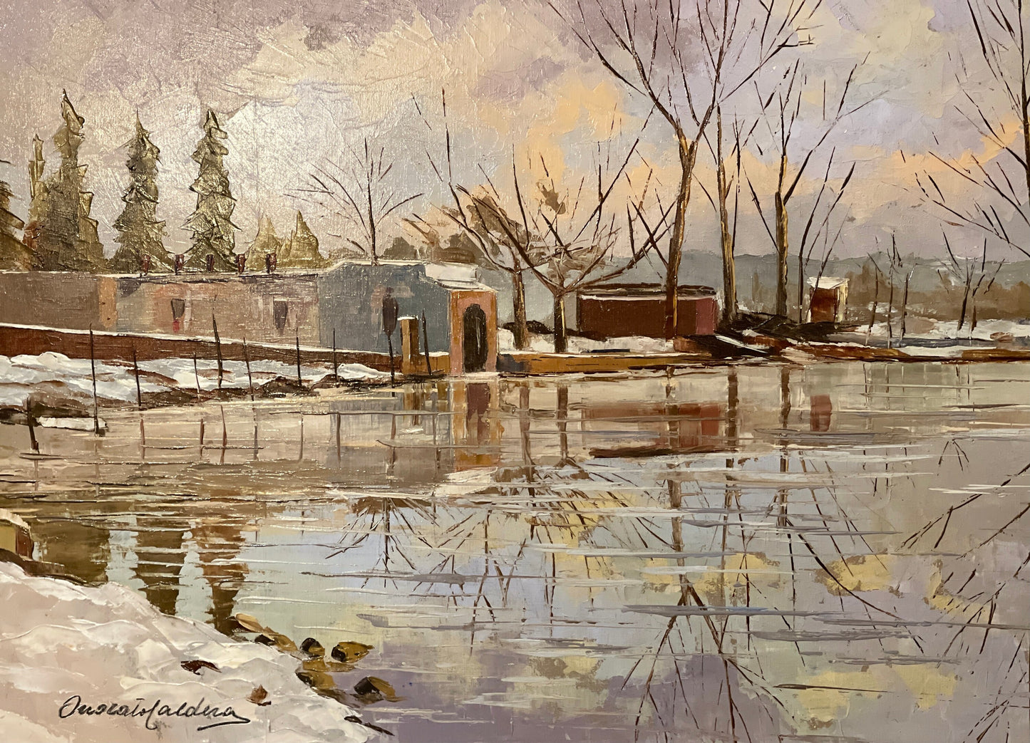 Dipinto olio su tavola raffiugurante nevicata, titolo “Lago di Monate”, epoca XX secolo, firmato Onorato Caldera, misure 69x40 cm