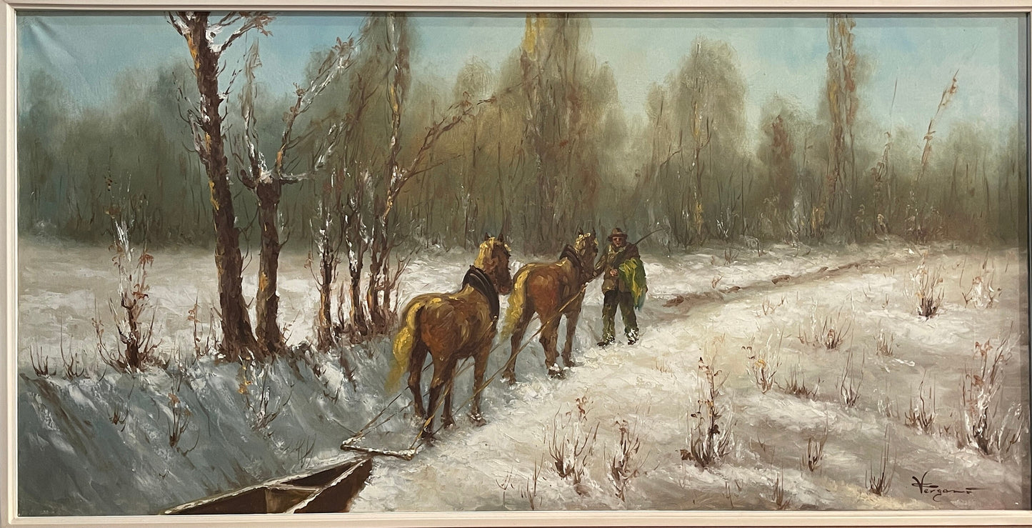 Dipinto olio su tela XX, "Nevicata al parco", firmato C. Vergani, 120x60 cm.