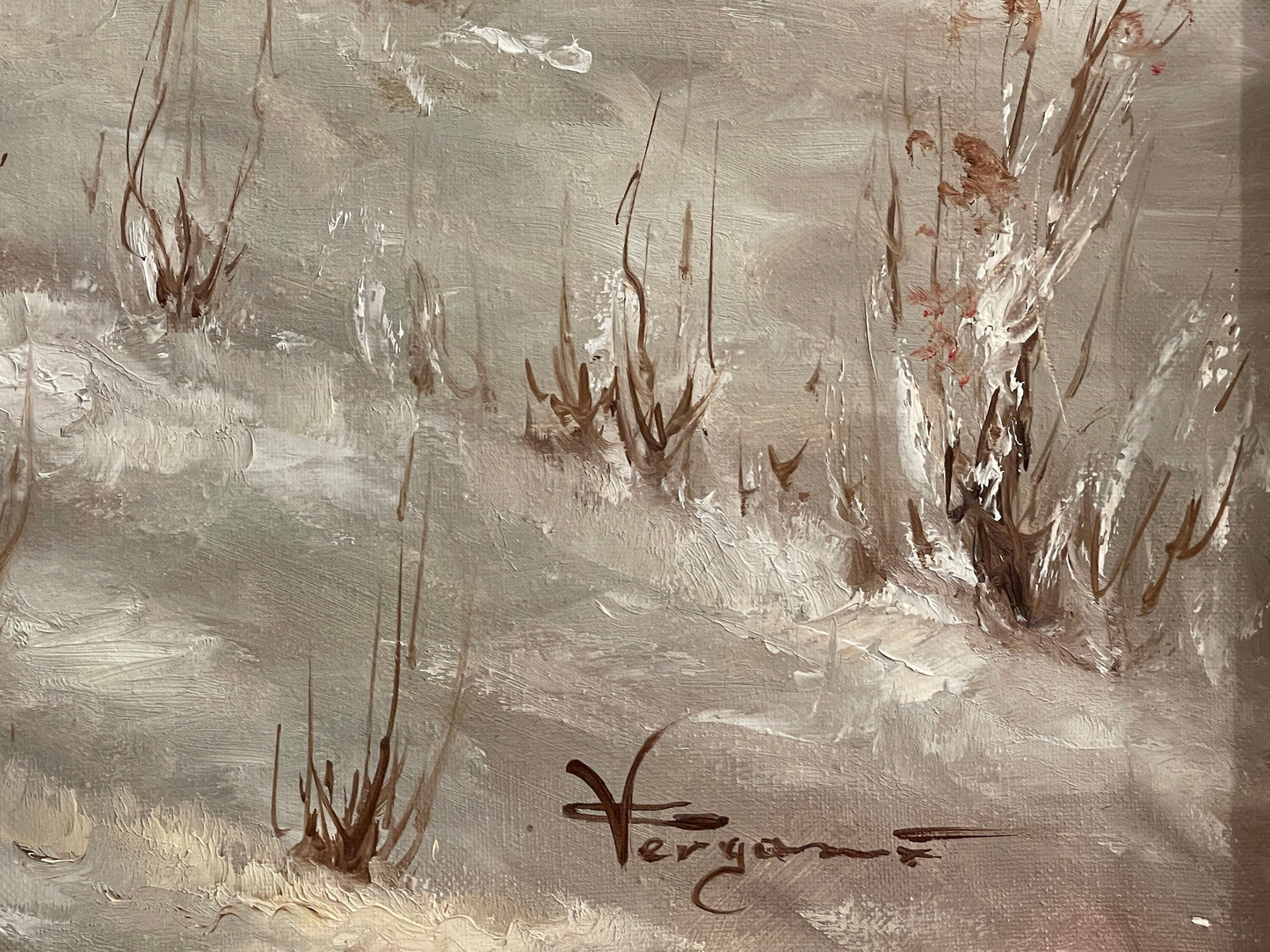 Dipinto olio su tela XX, "Nevicata al parco", firmato C. Vergani, 120x60 cm.