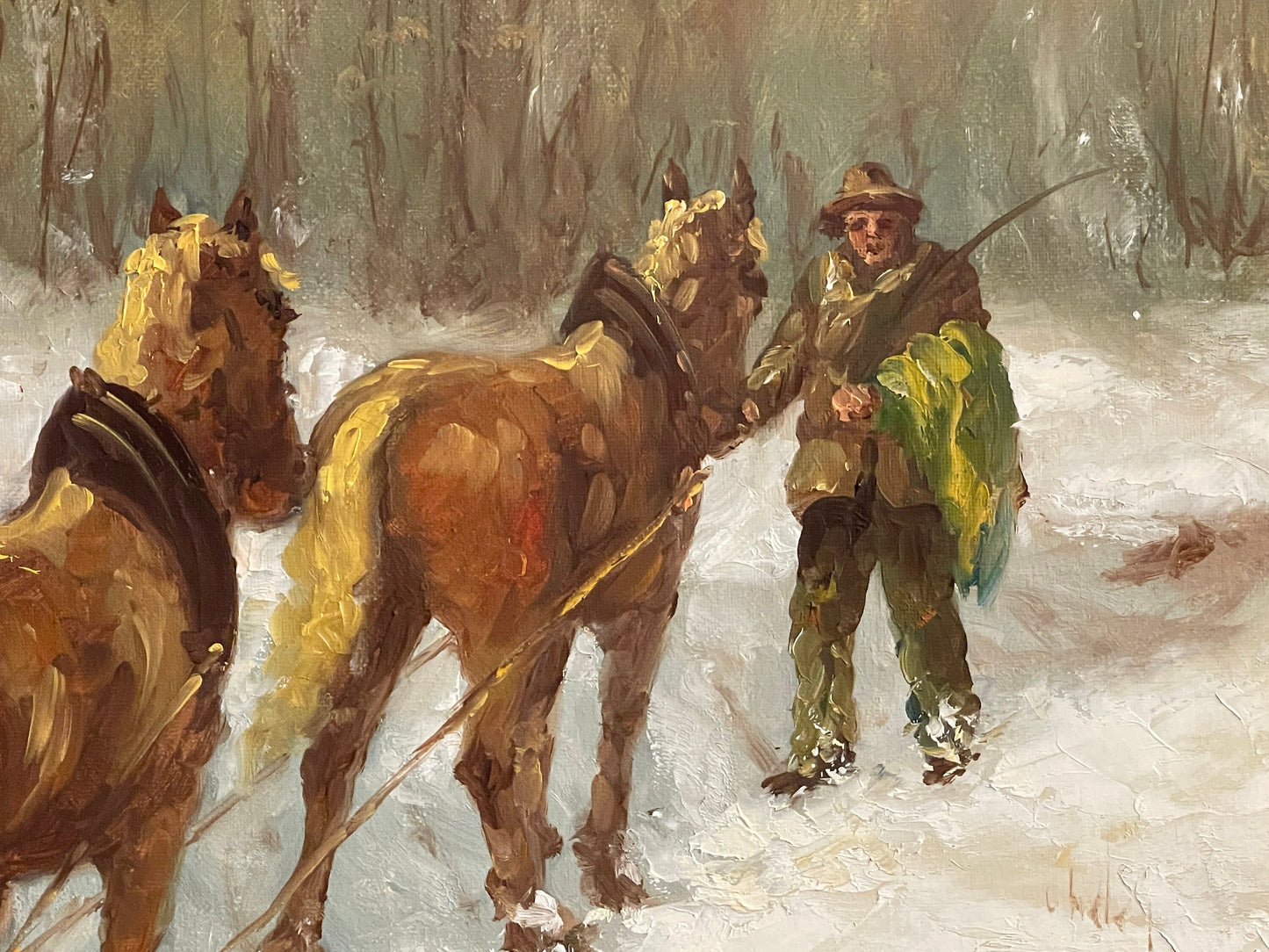 Dipinto olio su tela XX, "Nevicata al parco", firmato C. Vergani, 120x60 cm.