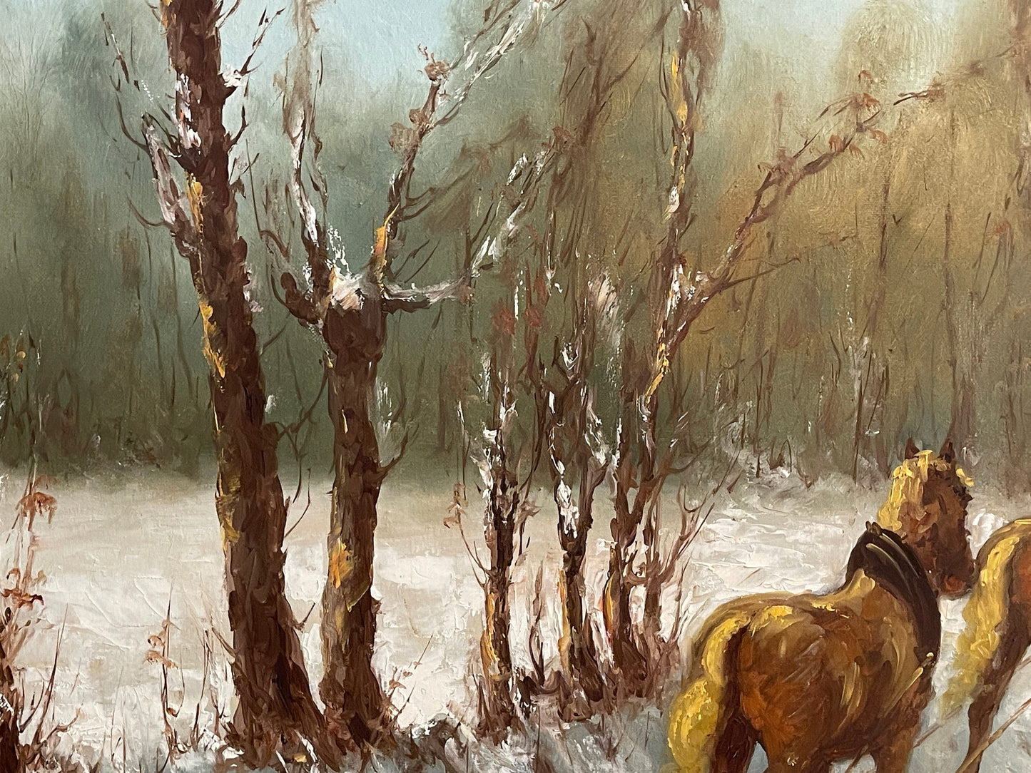 Dipinto olio su tela XX, "Nevicata al parco", firmato C. Vergani, 120x60 cm.