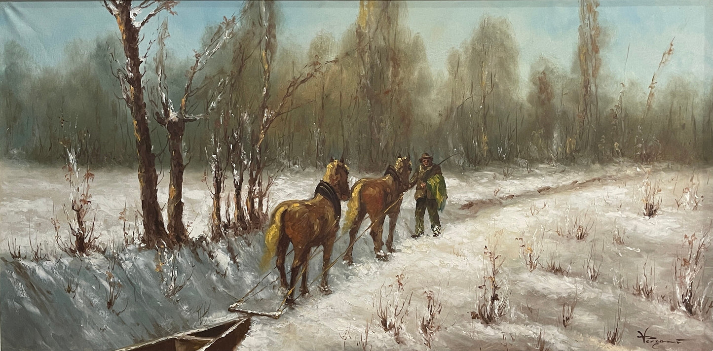 Dipinto olio su tela XX, "Nevicata al parco", firmato C. Vergani, 120x60 cm.
