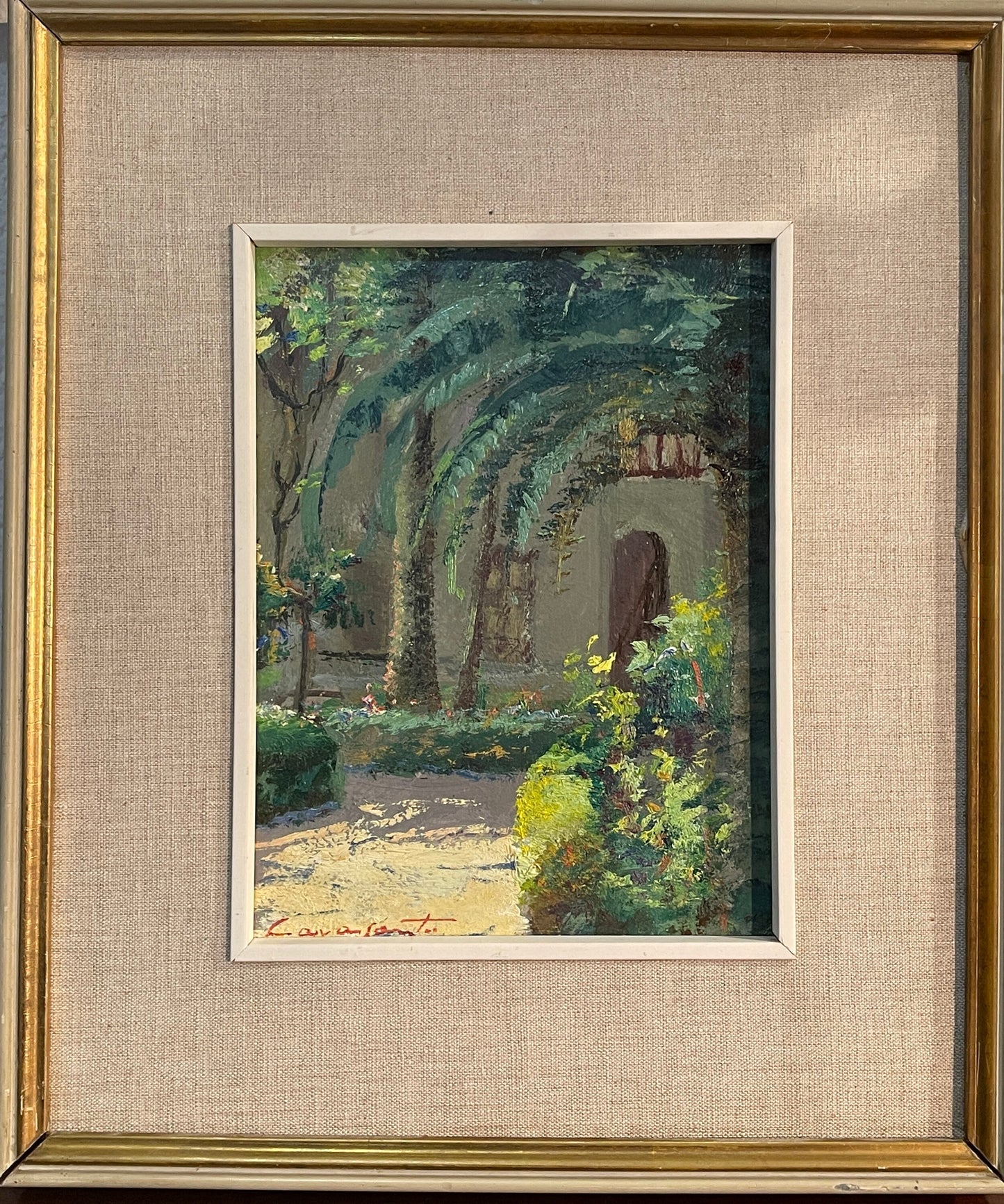 Dipinto olio su tavoletta, interno di corte, eseguito e firmato Cavasanti, 1962.