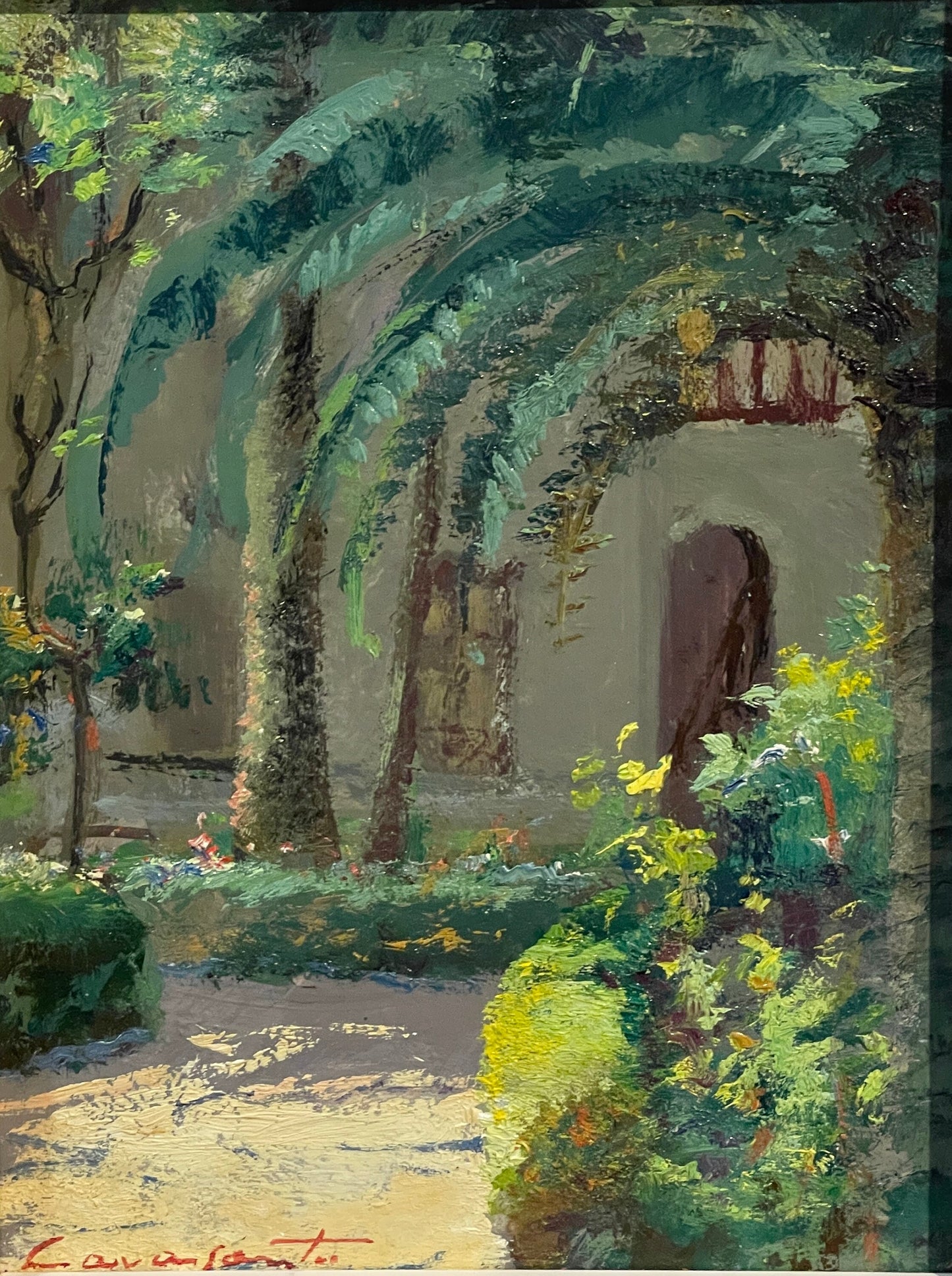 Dipinto olio su tavoletta, interno di corte, eseguito e firmato Cavasanti, 1962.