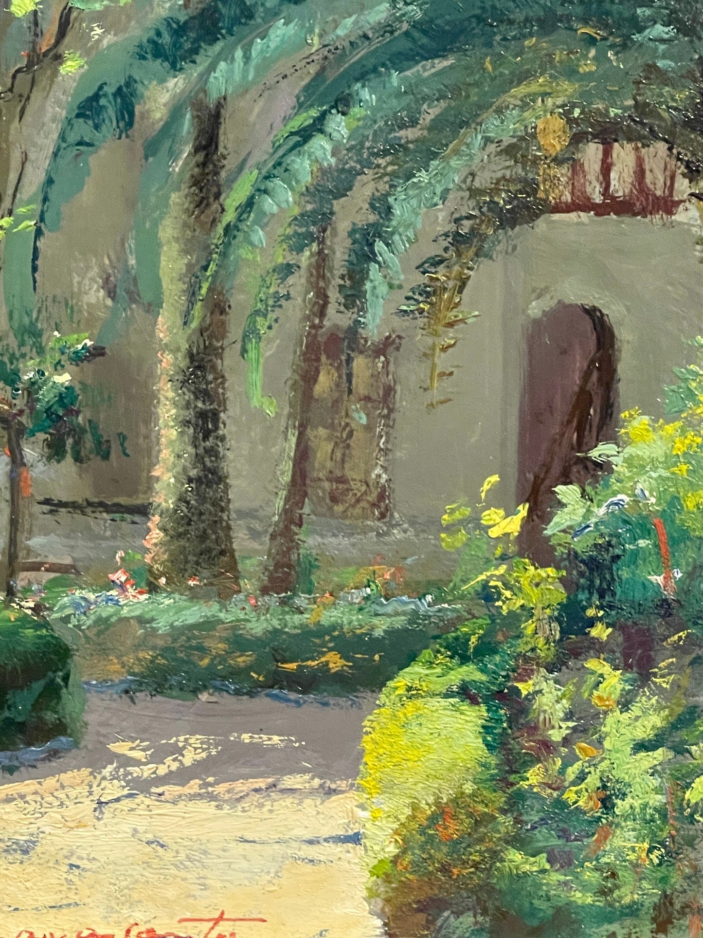 Dipinto olio su tavoletta, interno di corte, eseguito e firmato Cavasanti, 1962.