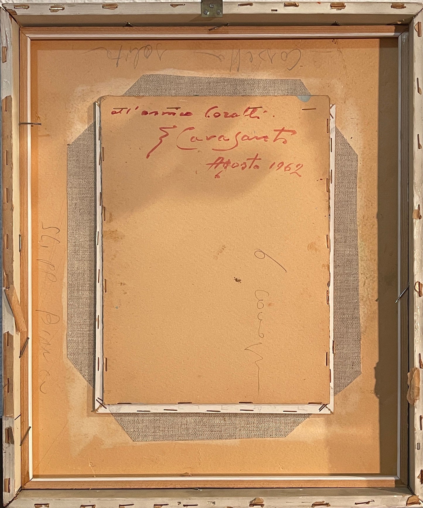 Dipinto olio su tavoletta, interno di corte, eseguito e firmato Cavasanti, 1962.