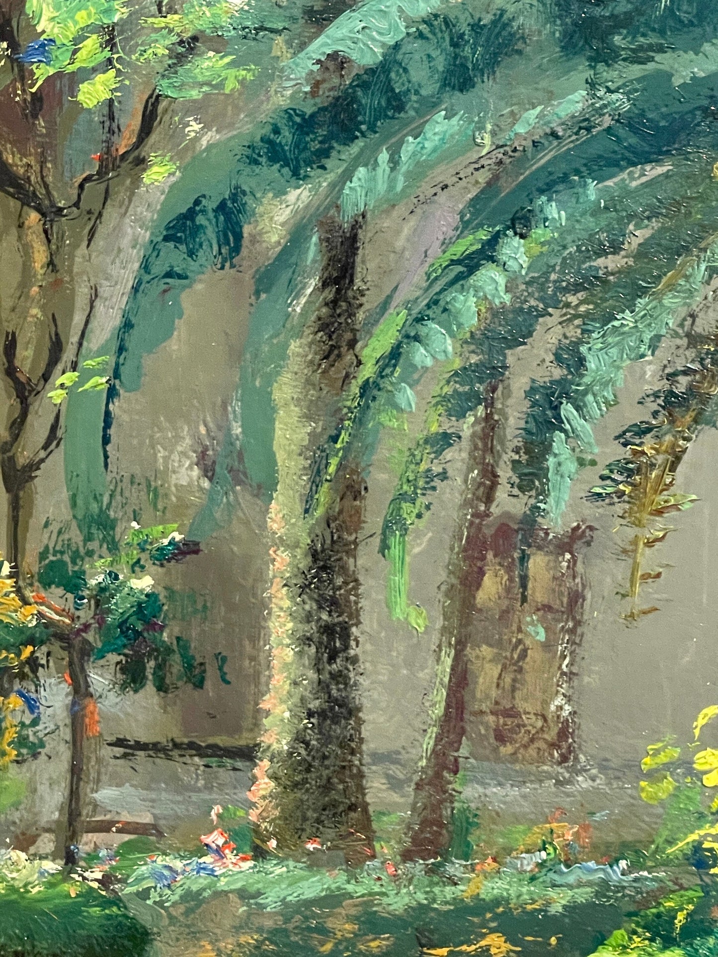 Dipinto olio su tavoletta, interno di corte, eseguito e firmato Cavasanti, 1962.