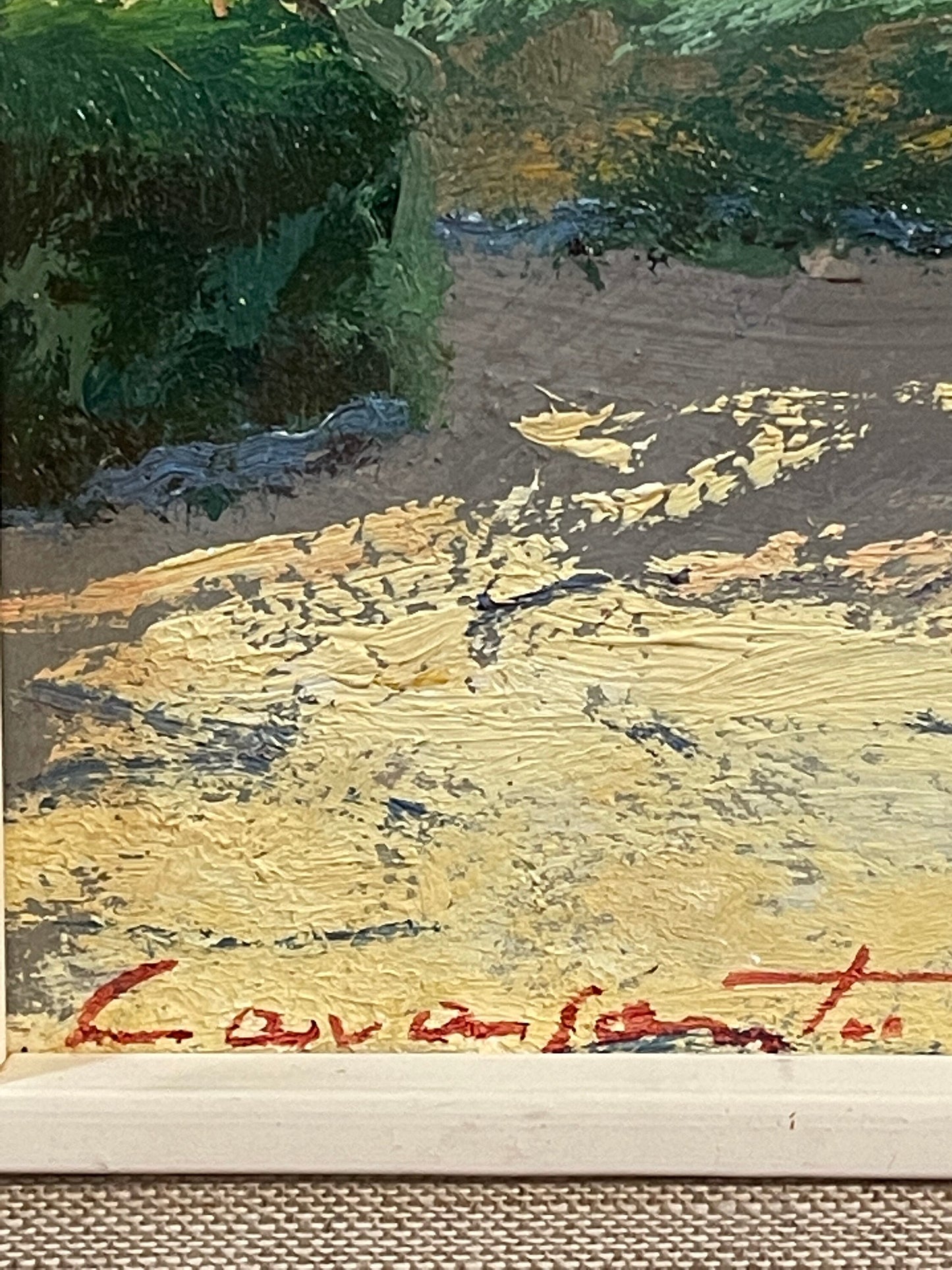 Dipinto olio su tavoletta, interno di corte, eseguito e firmato Cavasanti, 1962.