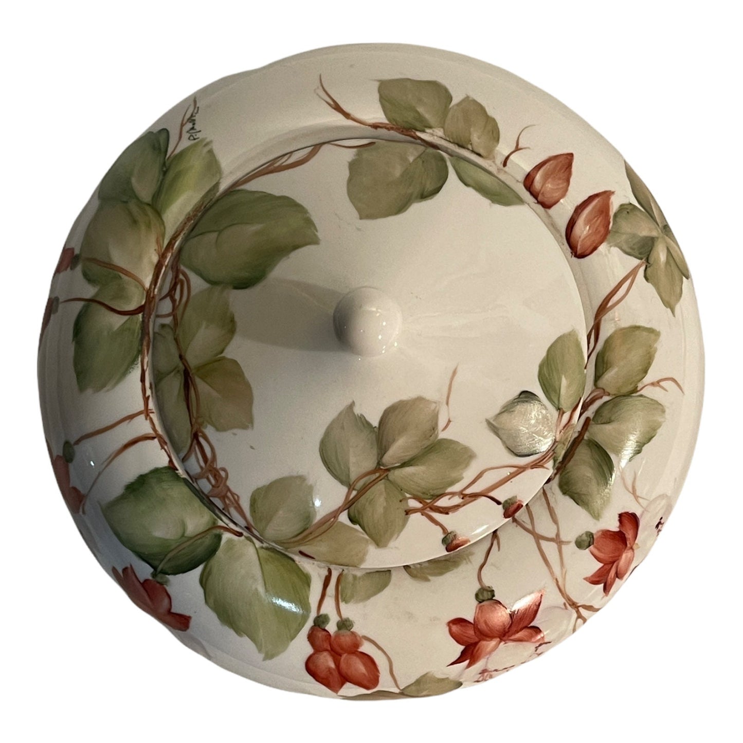 Zuppiera in ceramica, XX secolo, finemente decorata a mano, motivi floreali, firmata