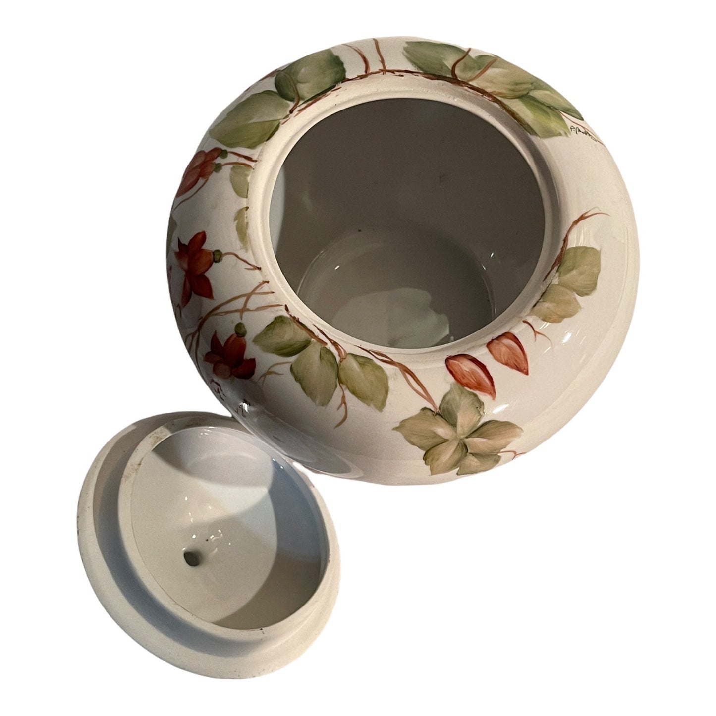 Zuppiera in ceramica, XX secolo, finemente decorata a mano, motivi floreali, firmata