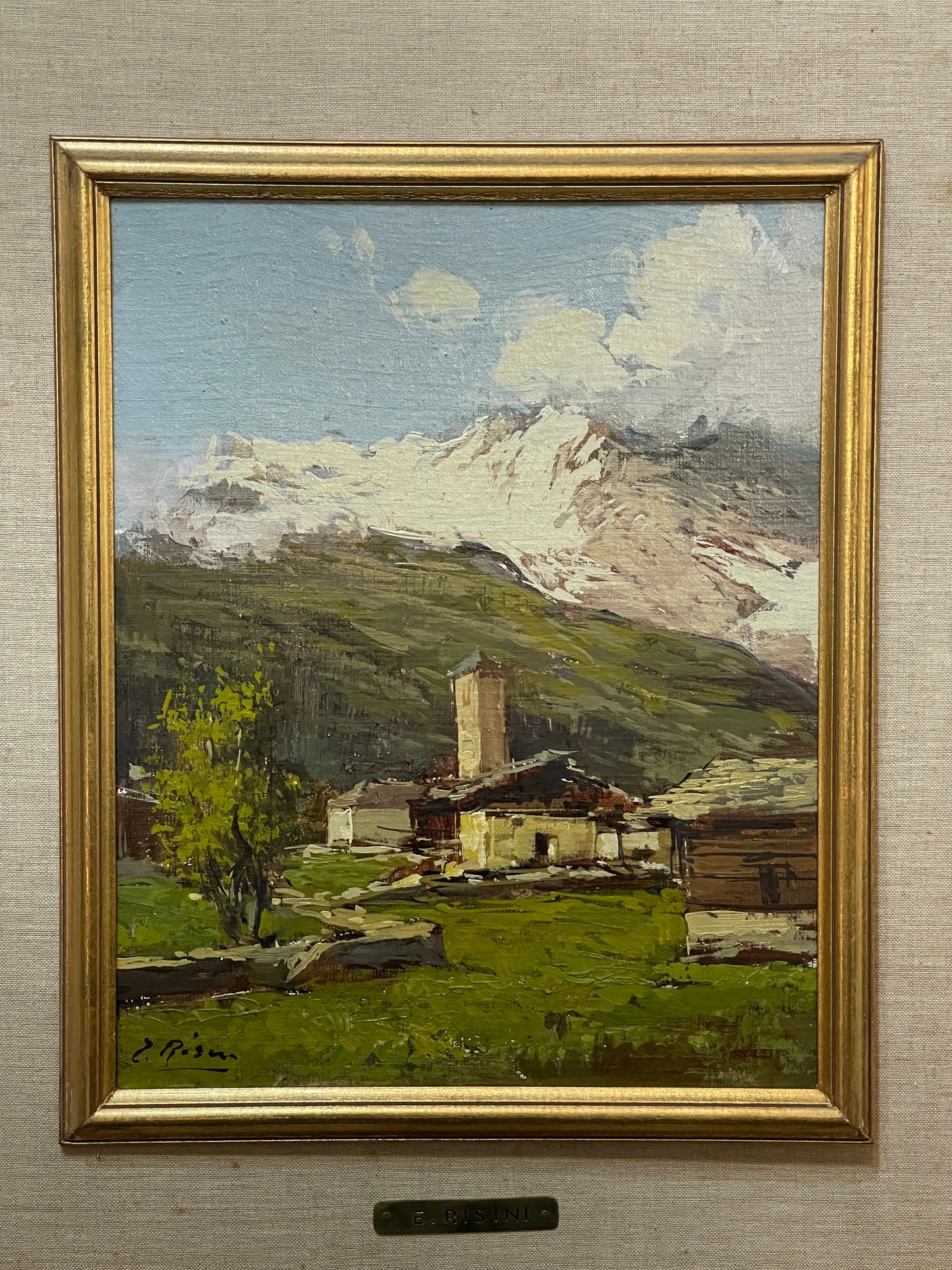 Dipinto olio su tavola, paesaggio di montagna. E. Risini
