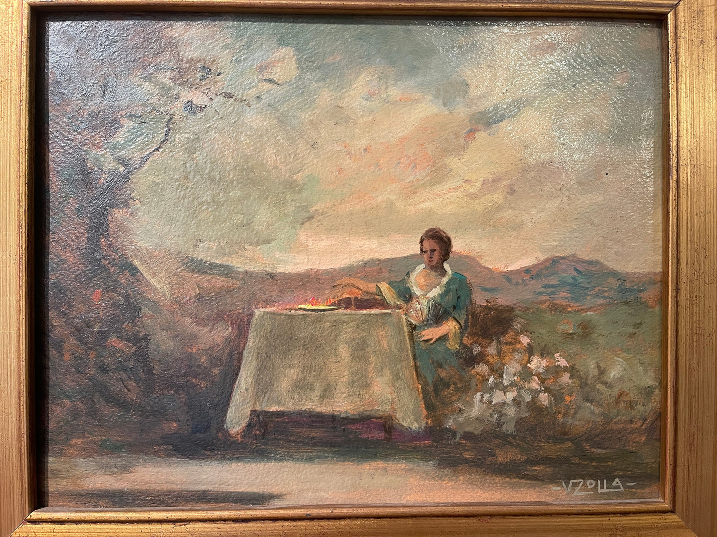Dipinto olio su cartoncino, Donna a tavola, V. Zolla, XIX secolo