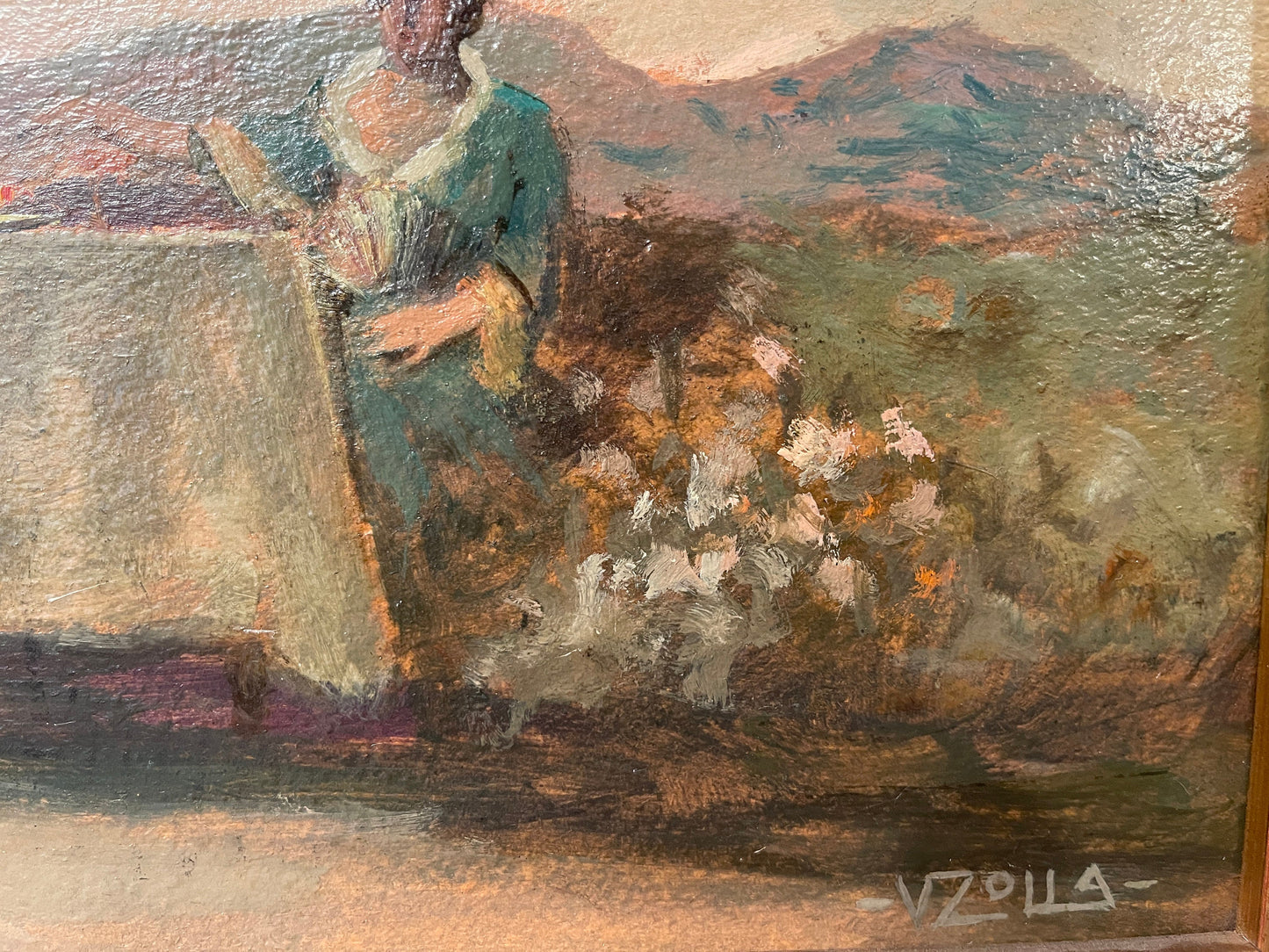 Dipinto olio su cartoncino, Donna a tavola, V. Zolla, XIX secolo
