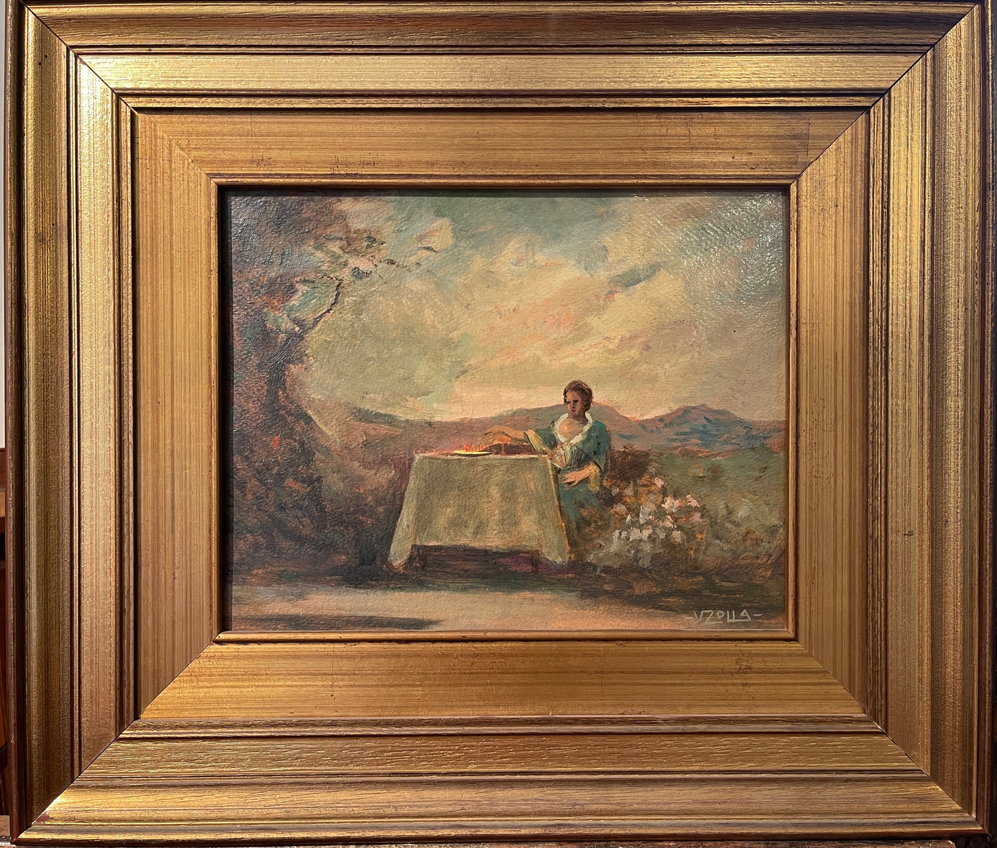 Dipinto olio su cartoncino, Donna a tavola, V. Zolla, XIX secolo