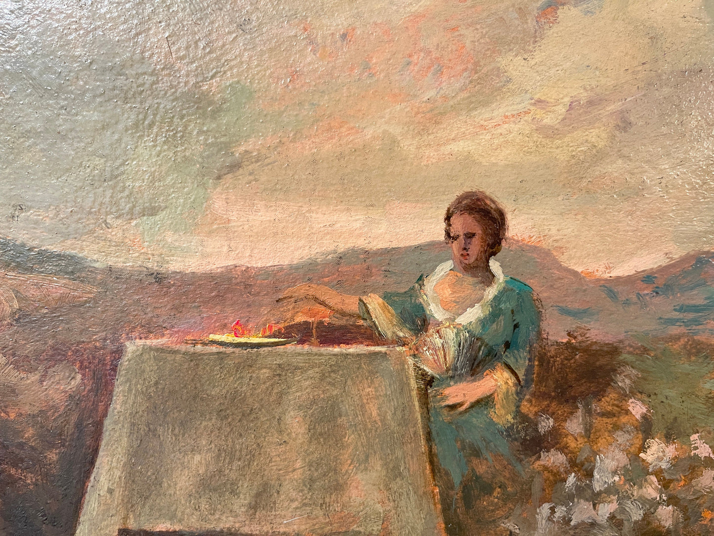 Dipinto olio su cartoncino, Donna a tavola, V. Zolla, XIX secolo
