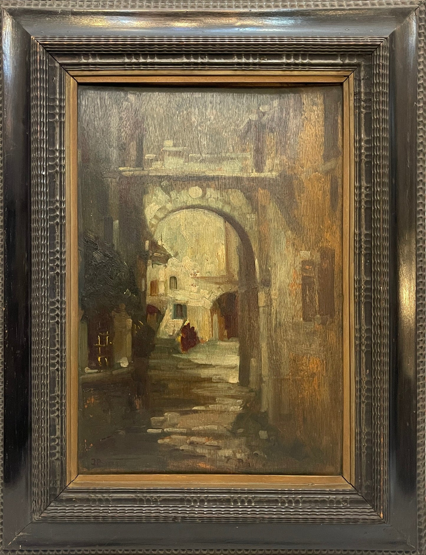 Dipinto antico, olio su tavola, scena cittadina, fine XIX secolo