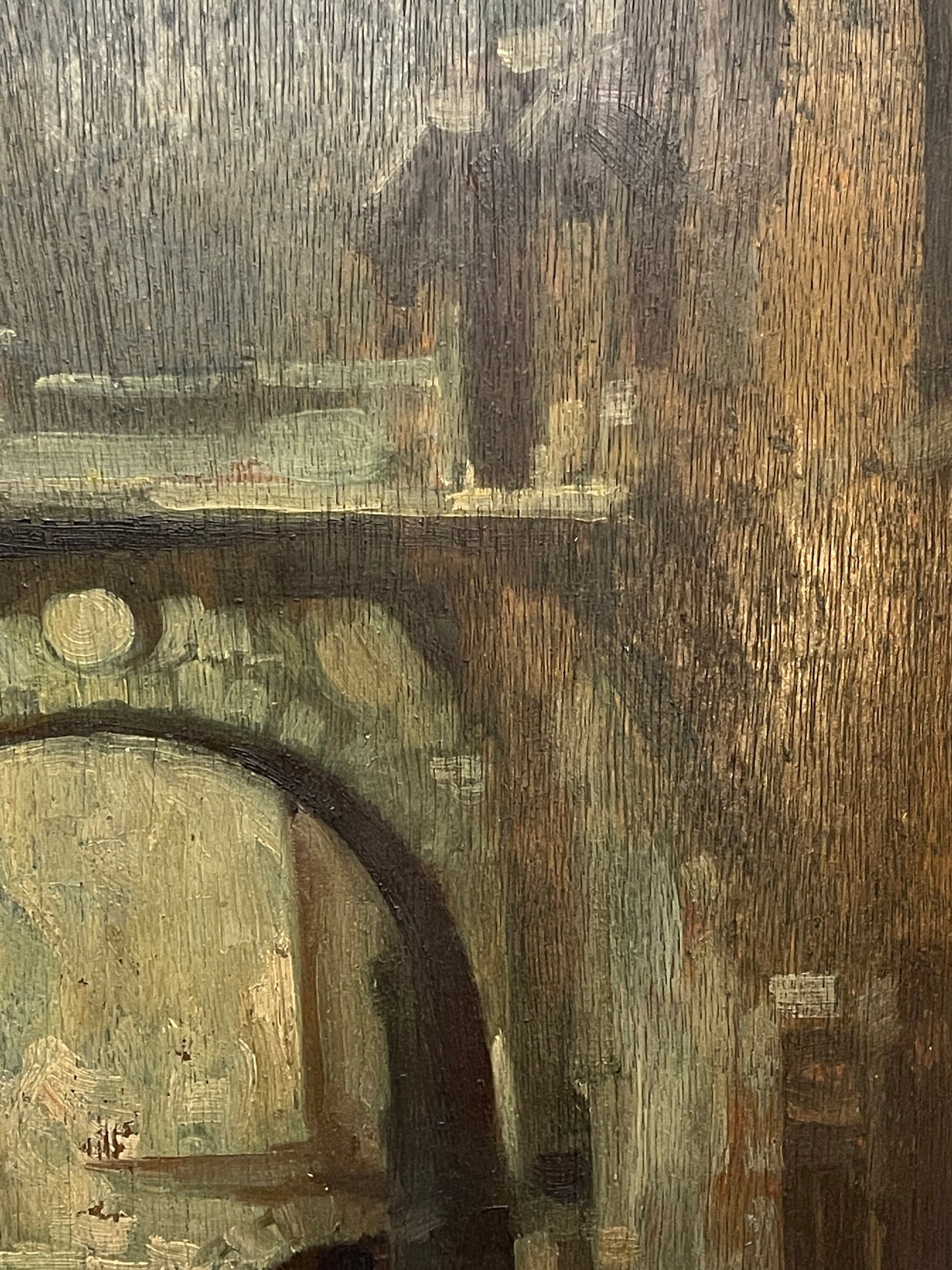 Dipinto antico, olio su tavola, scena cittadina, fine XIX secolo