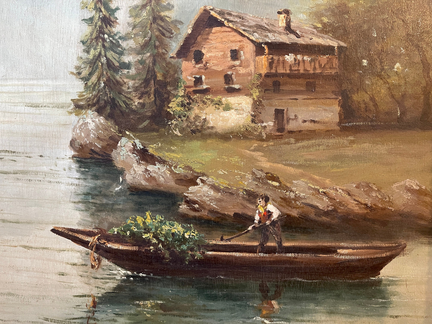 Olio su tavola, paesaggio lacustre, XX secolo, Ettore Percivaldi