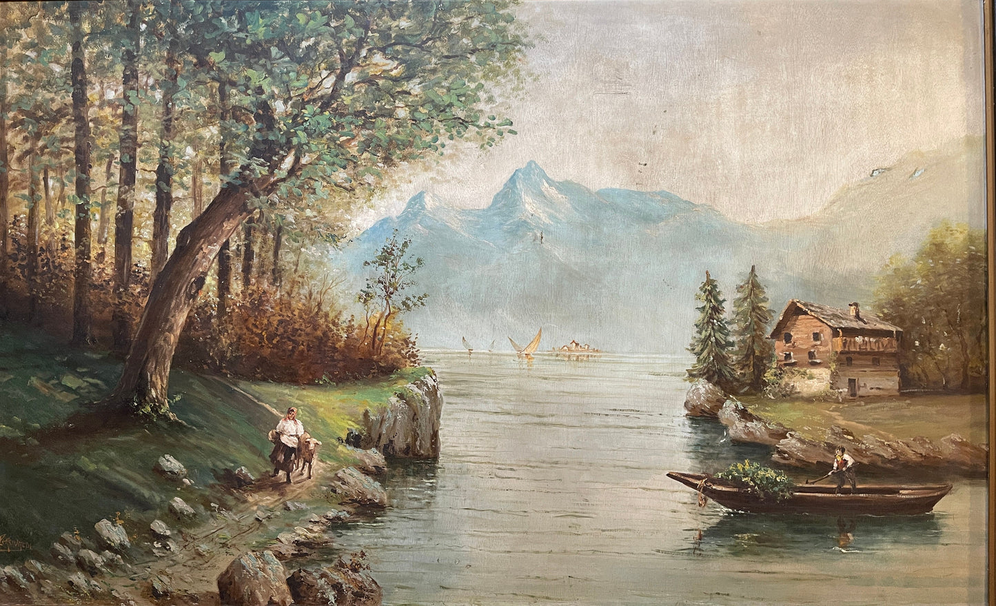 Olio su tavola, paesaggio lacustre, XX secolo, Ettore Percivaldi