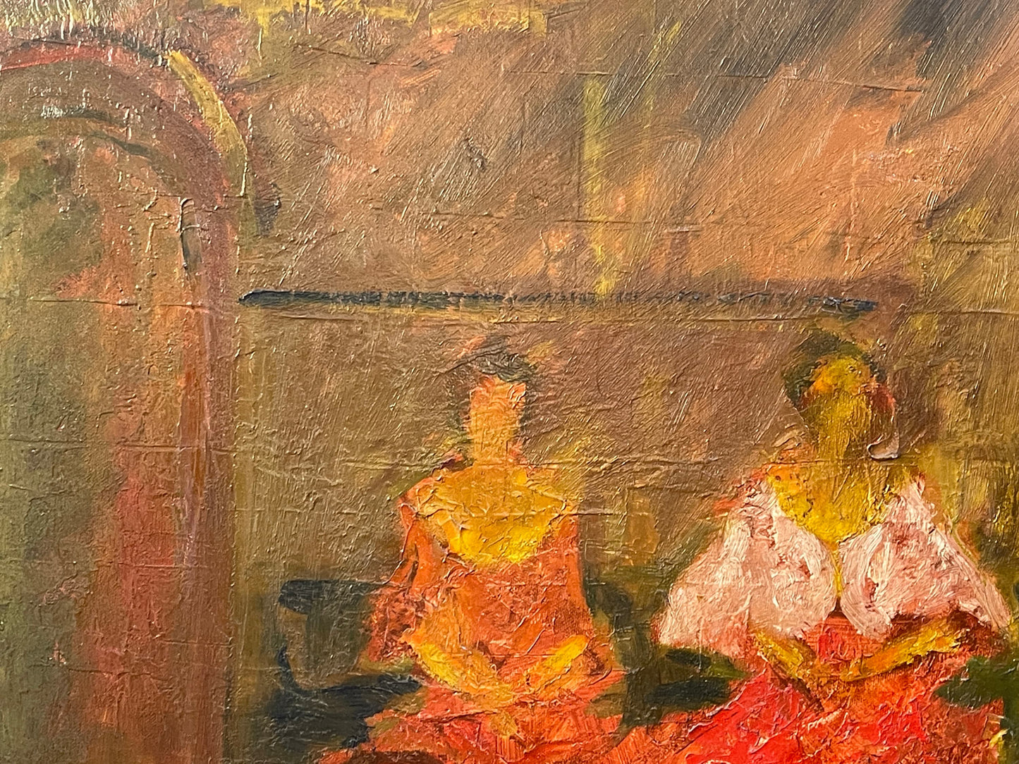 Dipinto olio su tela moderno, scena di ballo, XX secolo, impressionista