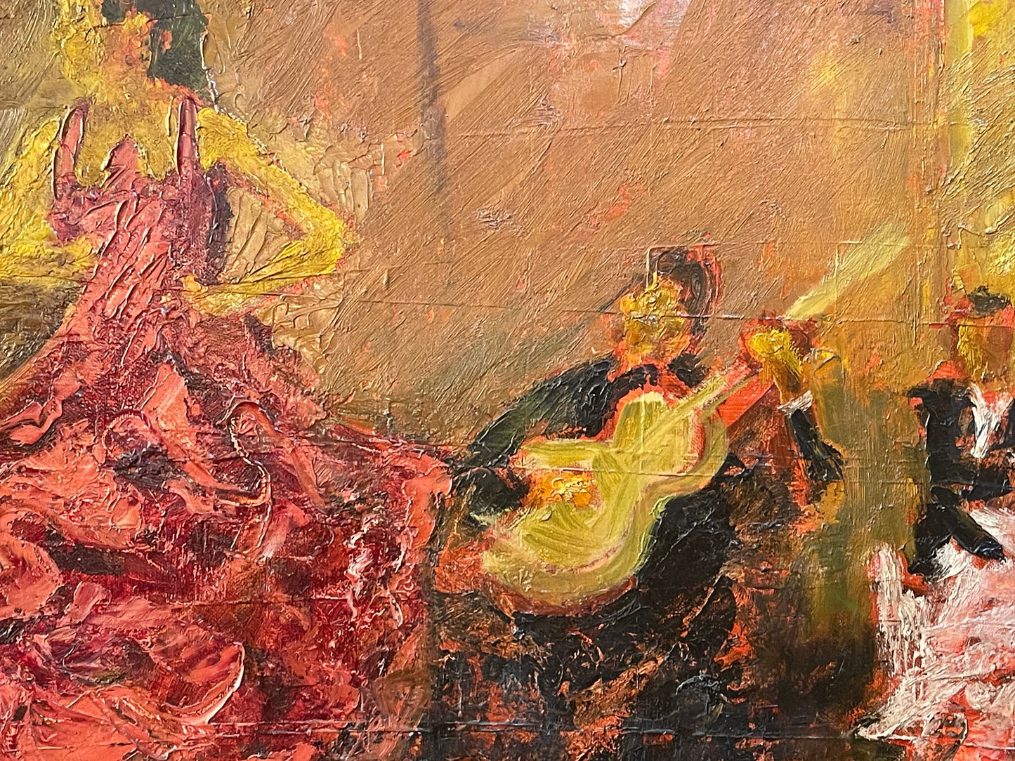 Dipinto olio su tela moderno, scena di ballo, XX secolo, impressionista