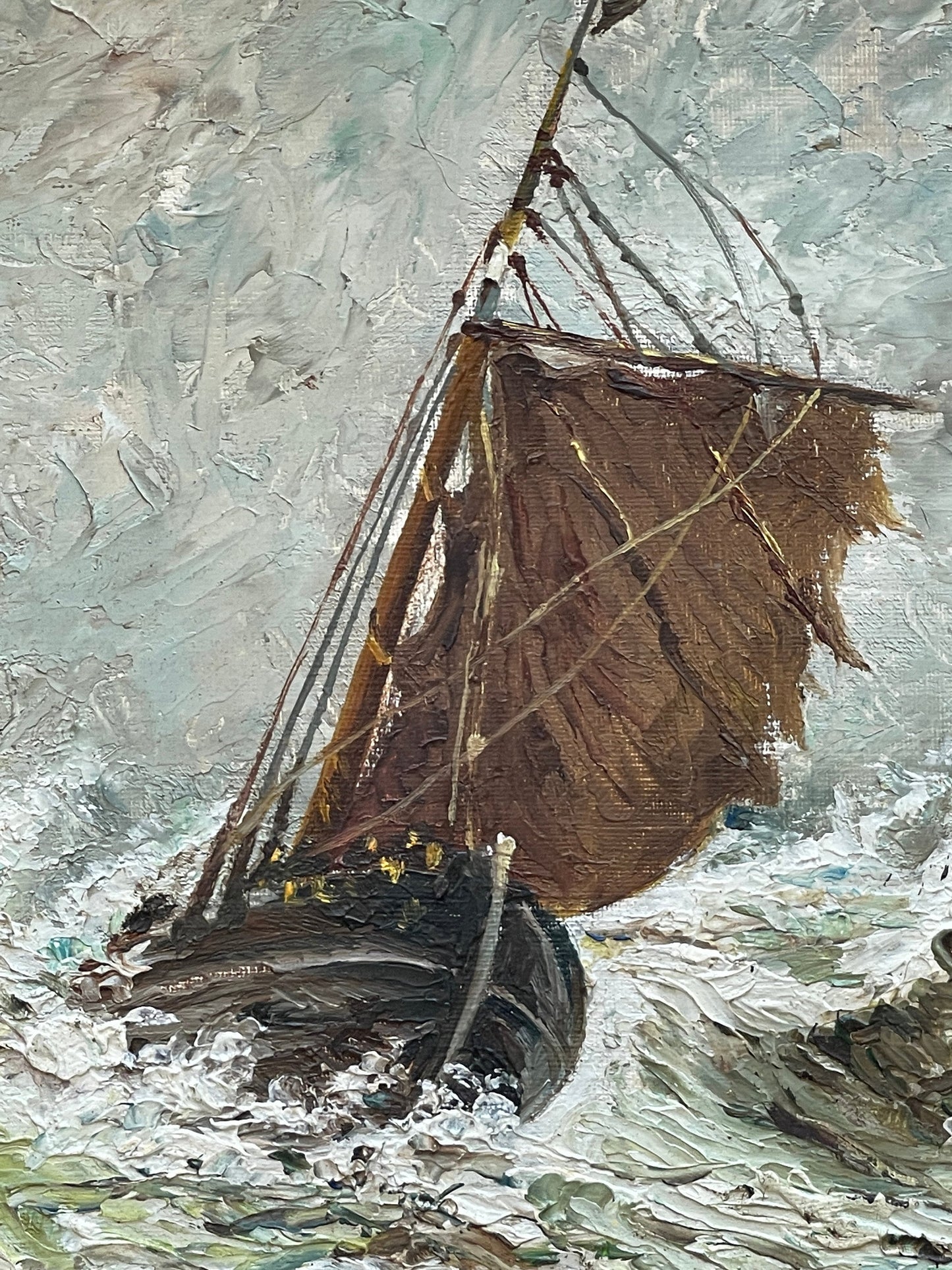 Dipinto olio su tavola, marina, barca in tempesta