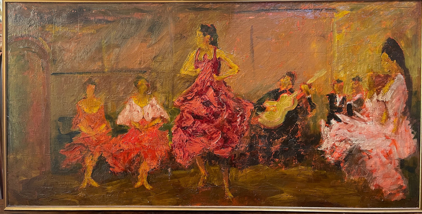 Dipinto olio su tela moderno, scena di ballo, XX secolo, impressionista