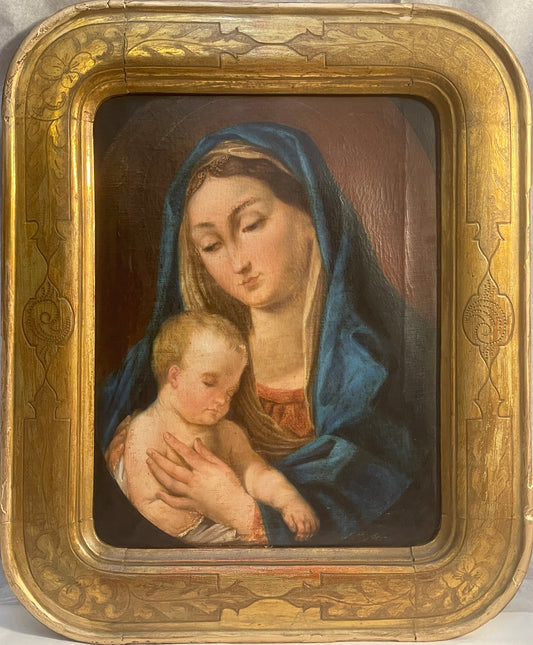 Antico dipinto olio su tela, Madonna con Bambino, XIX secolo