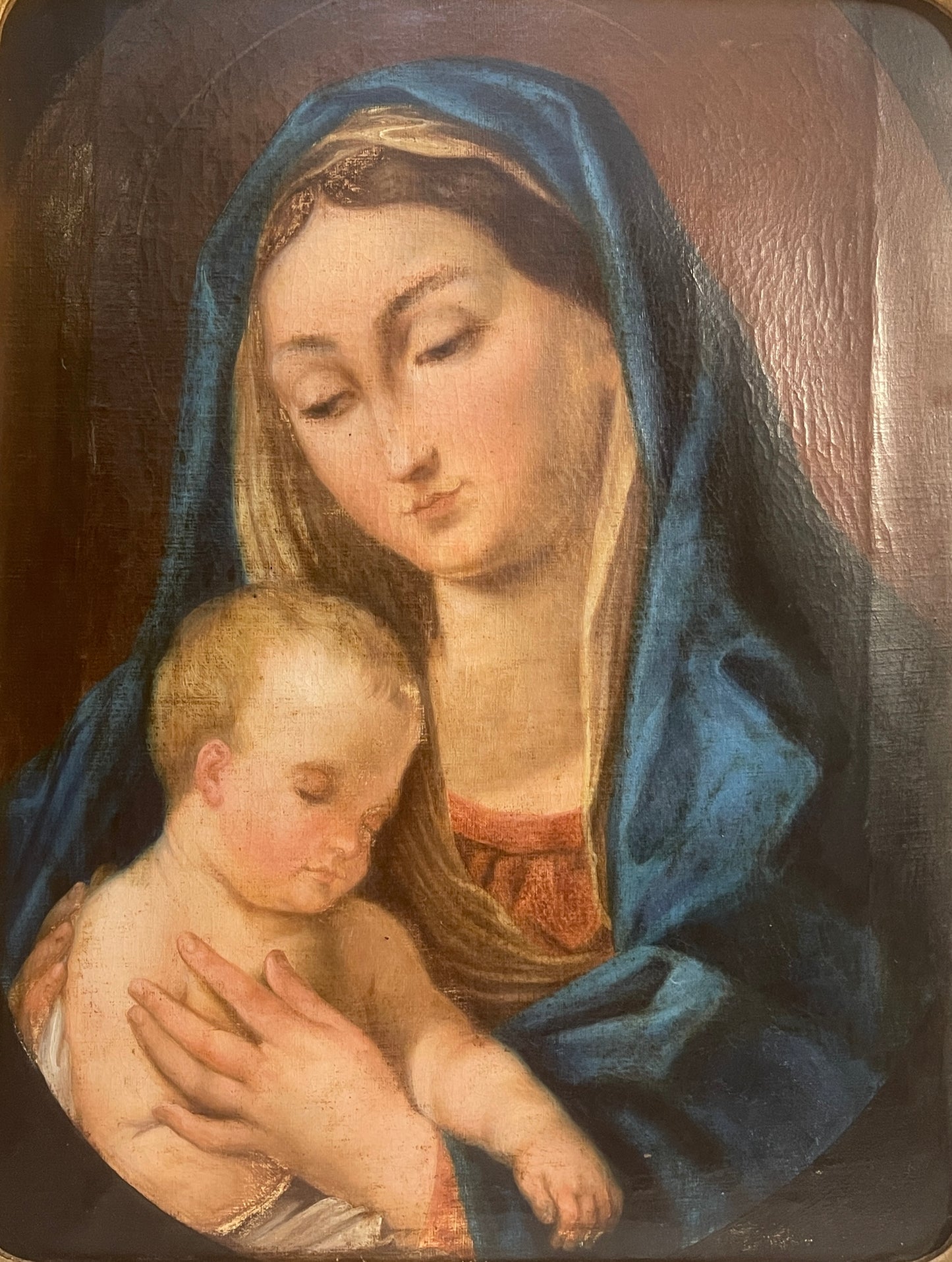 Antico dipinto olio su tela, Madonna con Bambino, XIX secolo