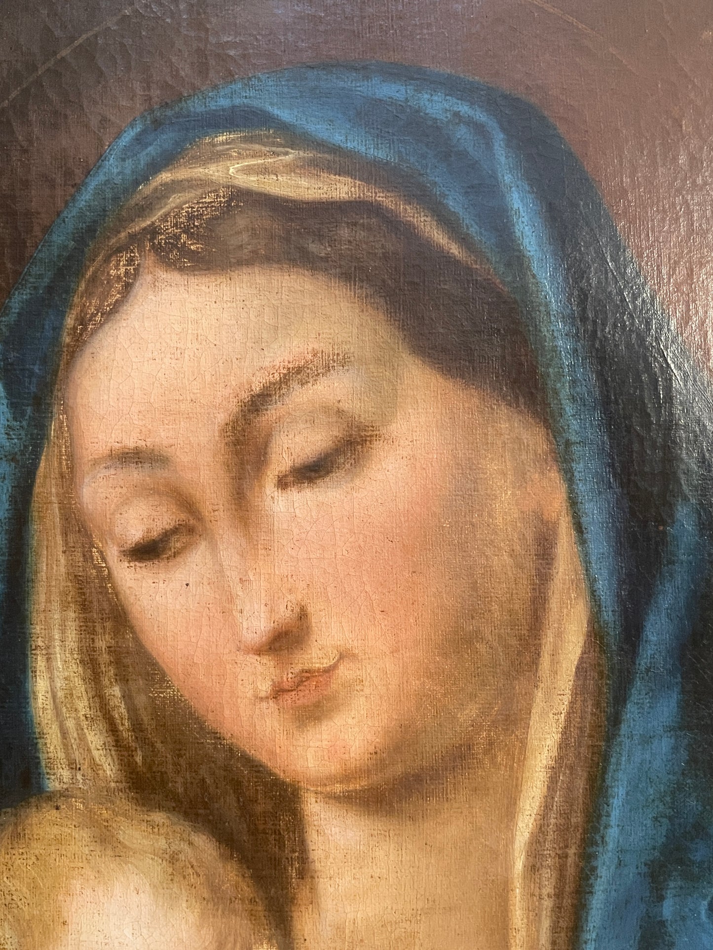 Antico dipinto olio su tela, Madonna con Bambino, XIX secolo